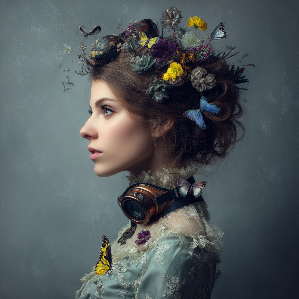 Stylisierte Portraet Einer Frau Mit Blumen Und Schmetterlingen Goggles Vintage Stil | Digital Art | Kunstgattungen