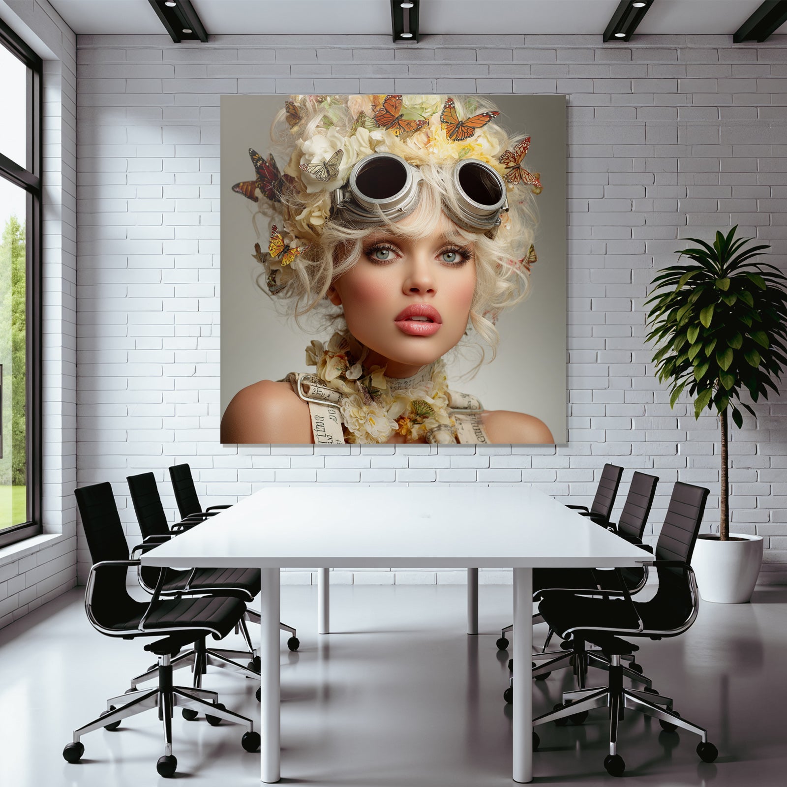 Stylisierte Portraet Einer Frau Mit Blumenkrone Und Metallic Goggles