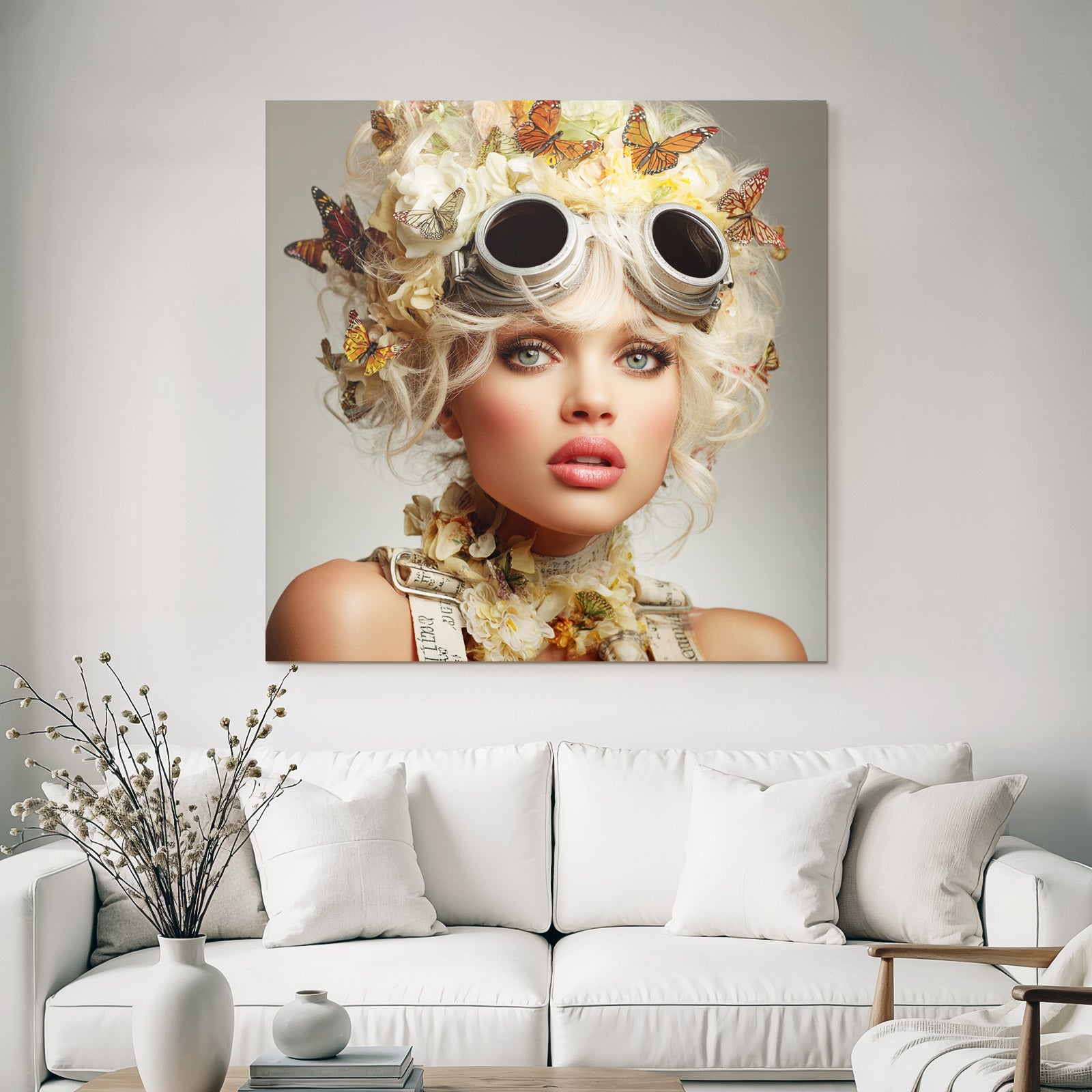Stylisierte Portraet Einer Frau Mit Blumenkrone Und Metallic Goggles