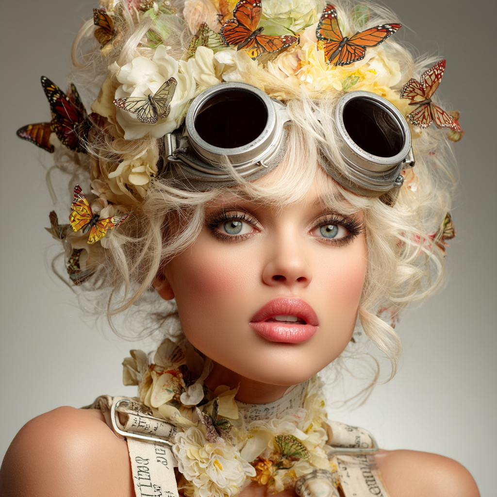 Stylisierte Portraet Einer Frau Mit Blumenkrone Und Metallic Goggles | Digital Art | Kunstgattungen
