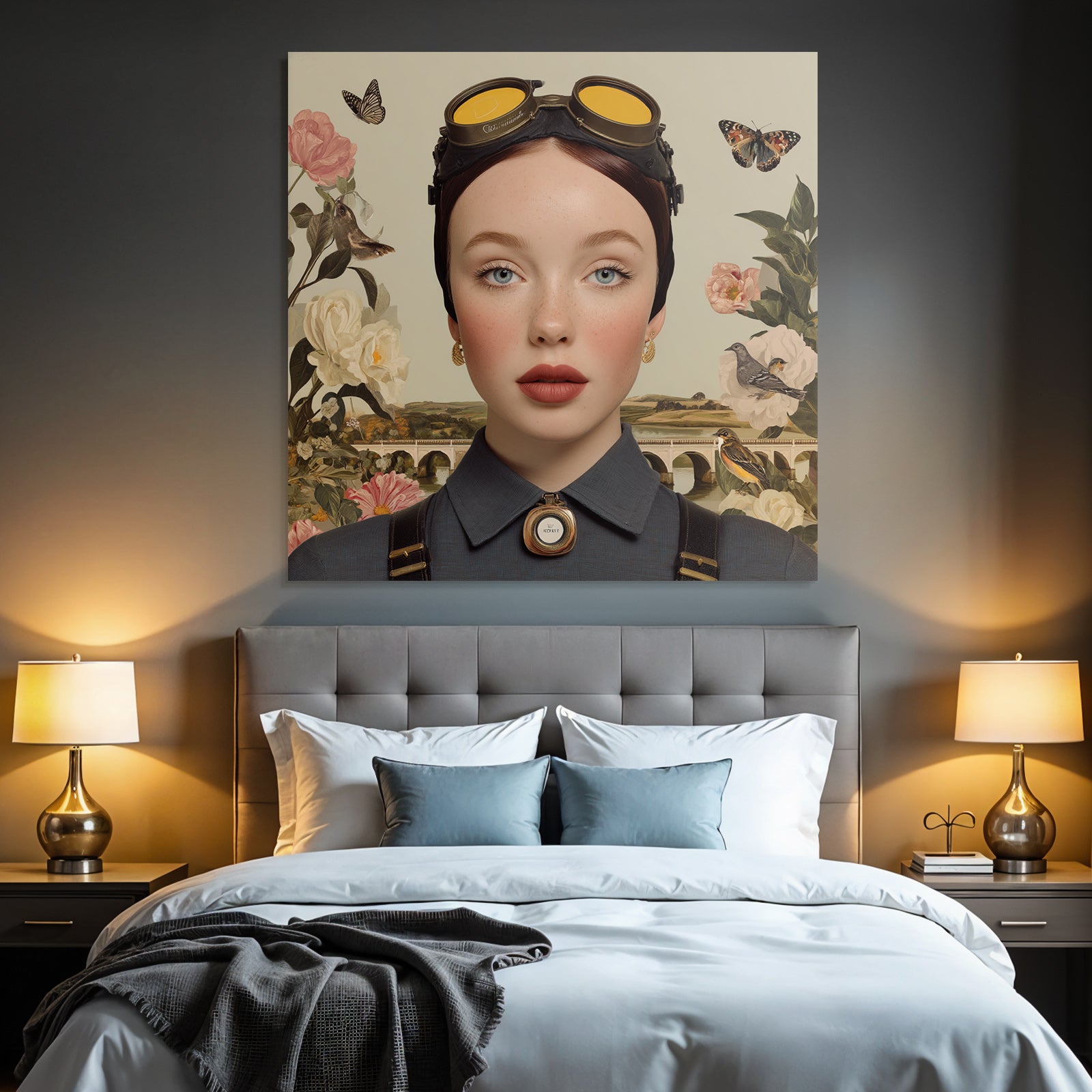 Stylisierte Portraet Mit Modischen Brillen Und Blumen Und Natur Elements