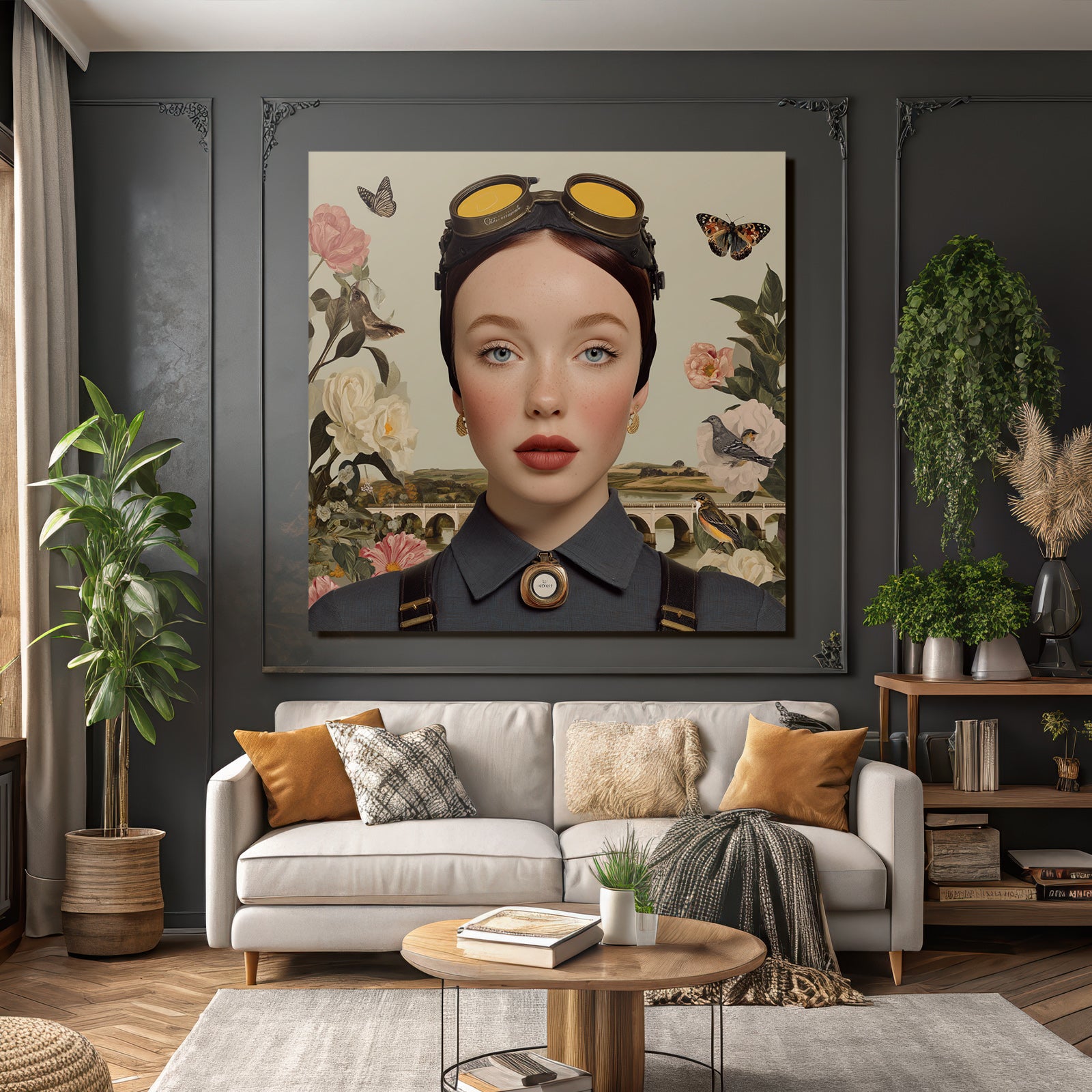Stylisierte Portraet Mit Modischen Brillen Und Blumen Und Natur Elements