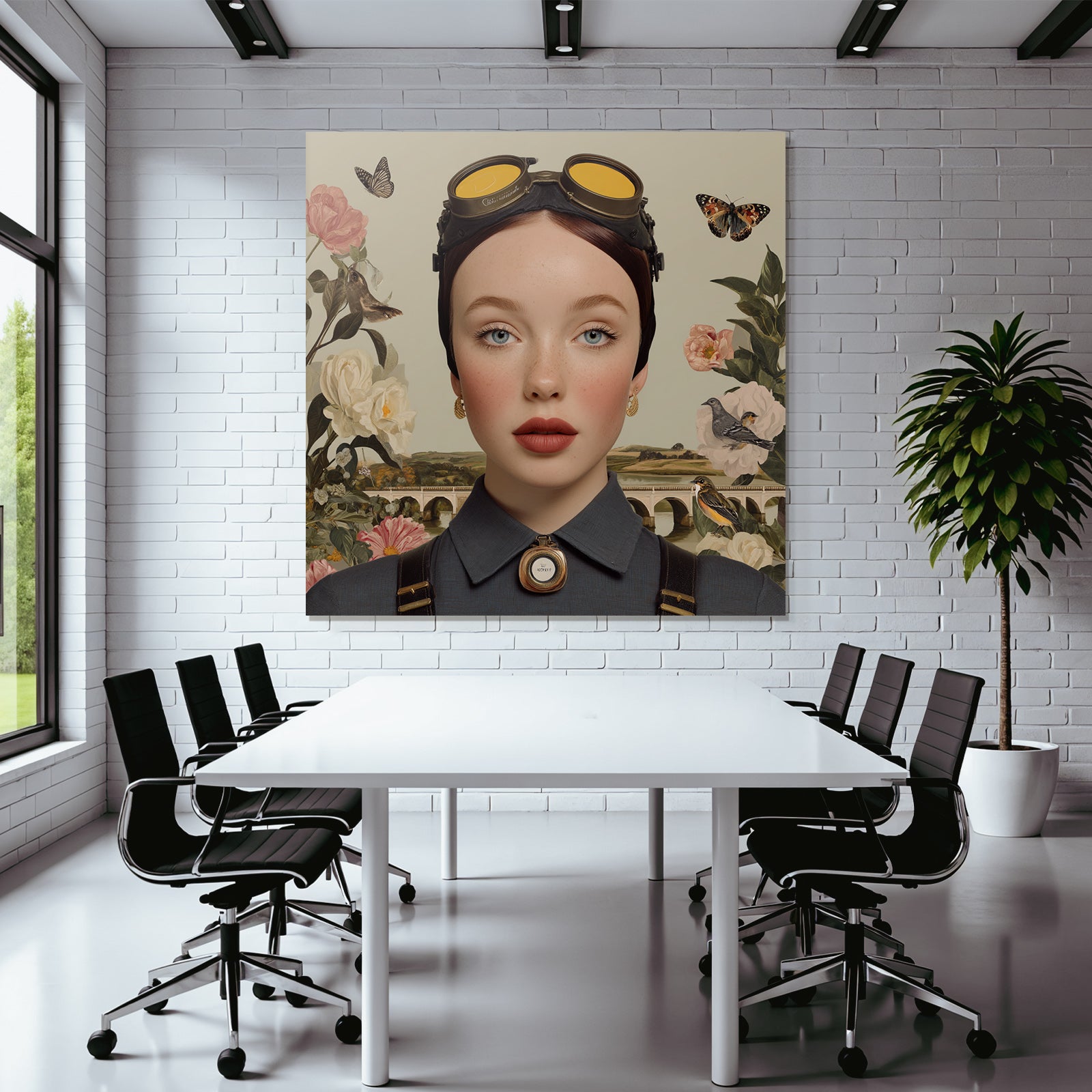 Stylisierte Portraet Mit Modischen Brillen Und Blumen Und Natur Elements