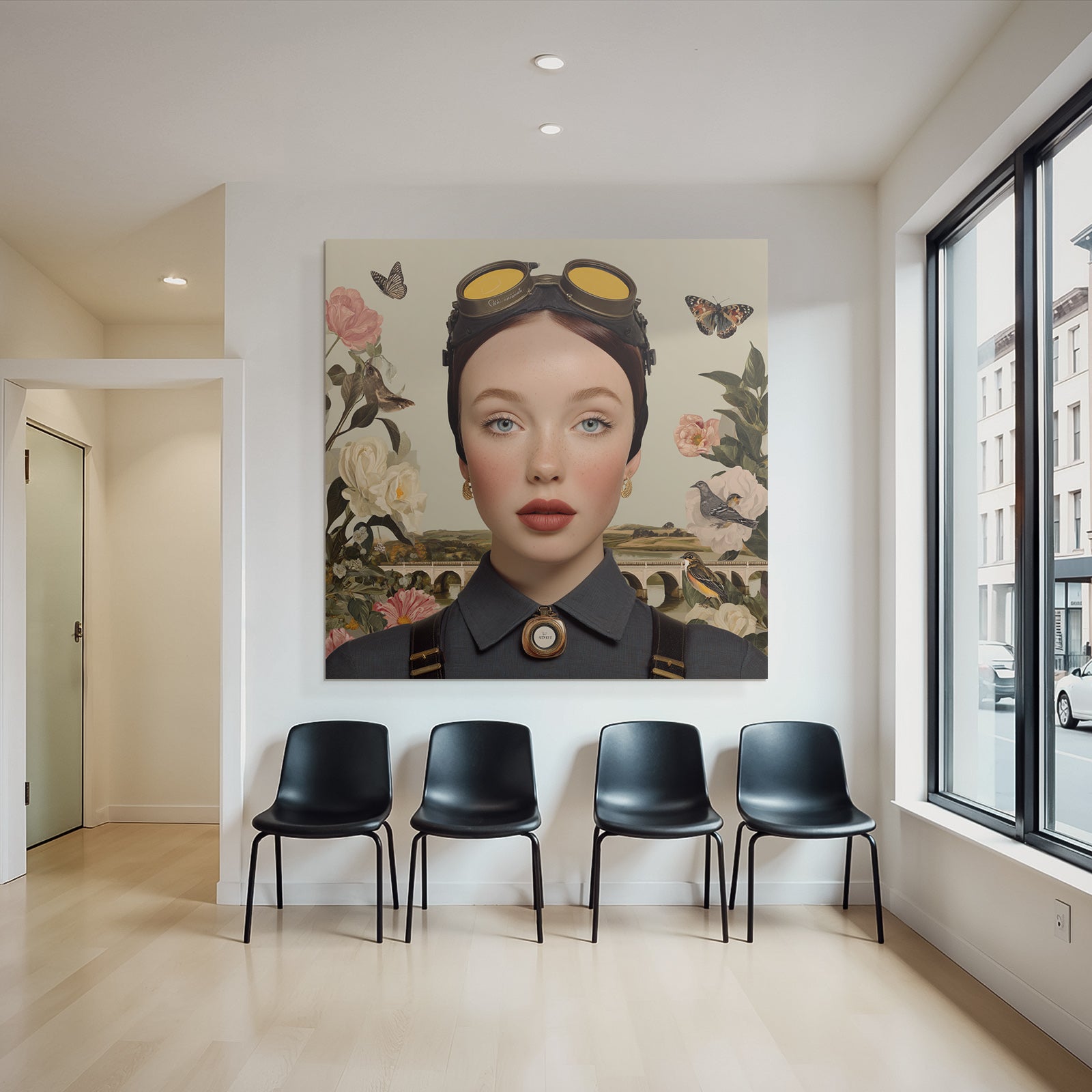 Stylisierte Portraet Mit Modischen Brillen Und Blumen Und Natur Elements
