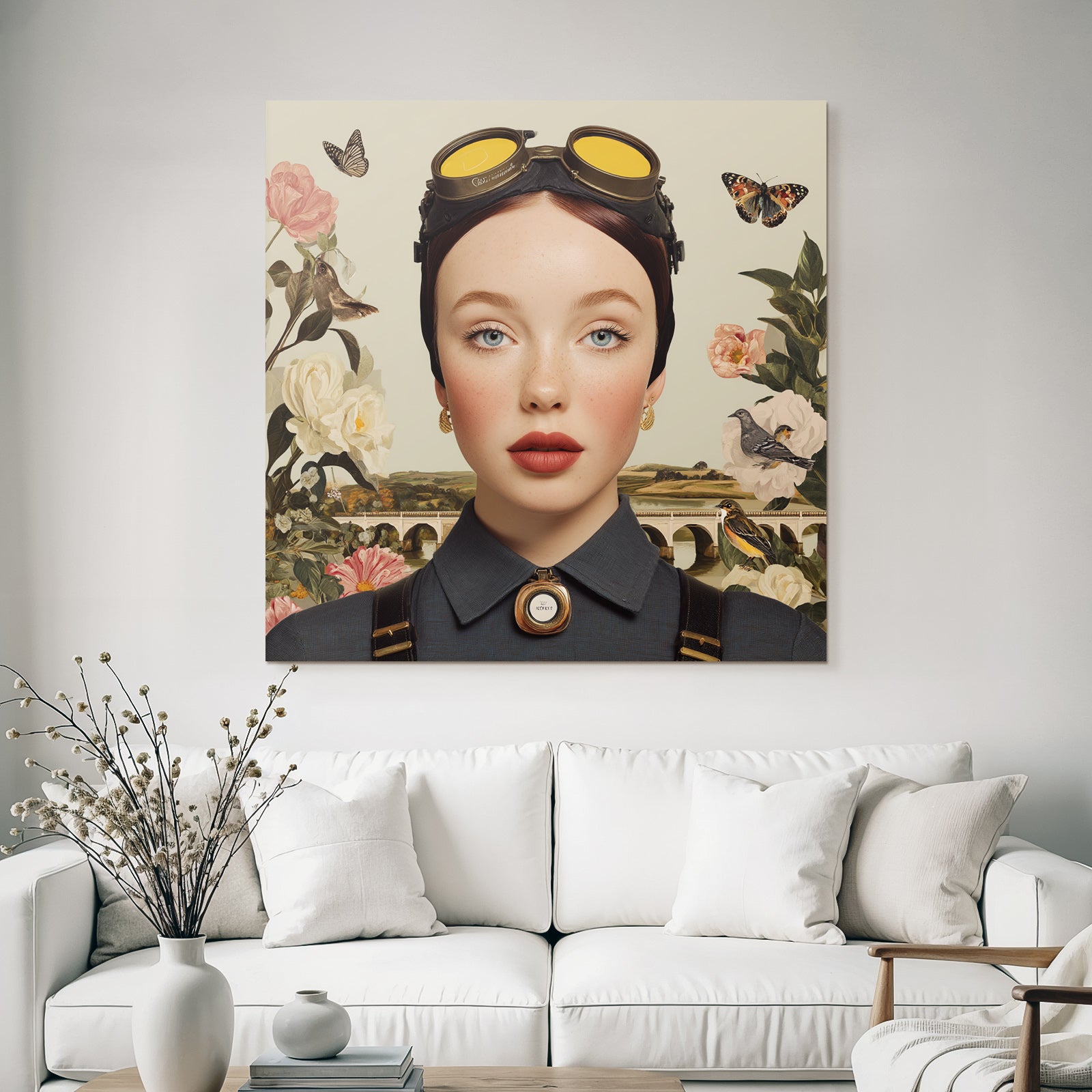 Stylisierte Portraet Mit Modischen Brillen Und Blumen Und Natur Elements