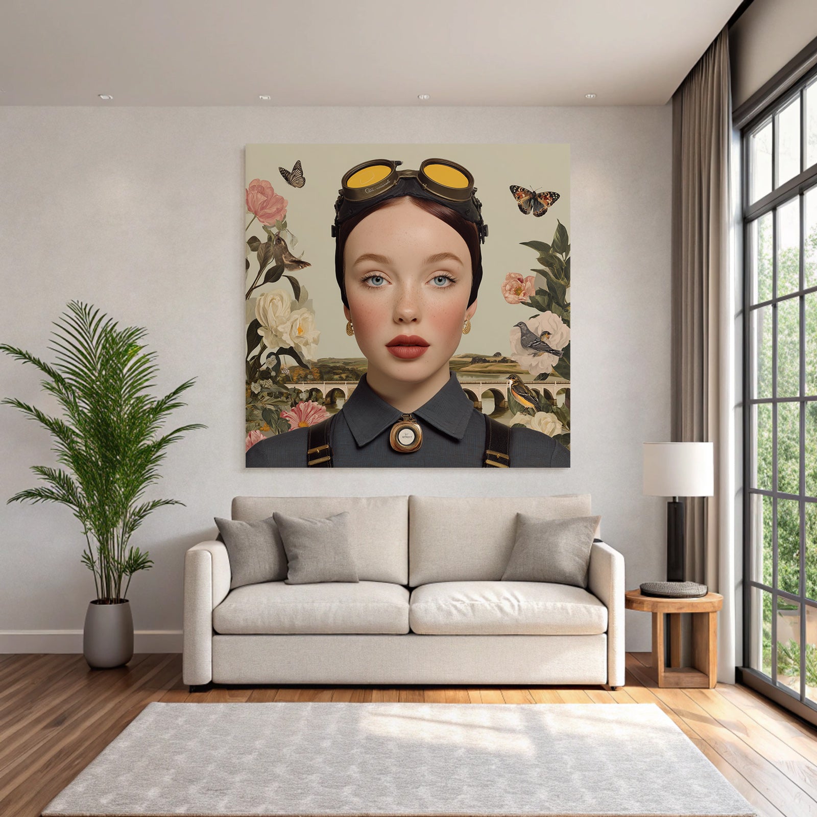 Stylisierte Portraet Mit Modischen Brillen Und Blumen Und Natur Elements
