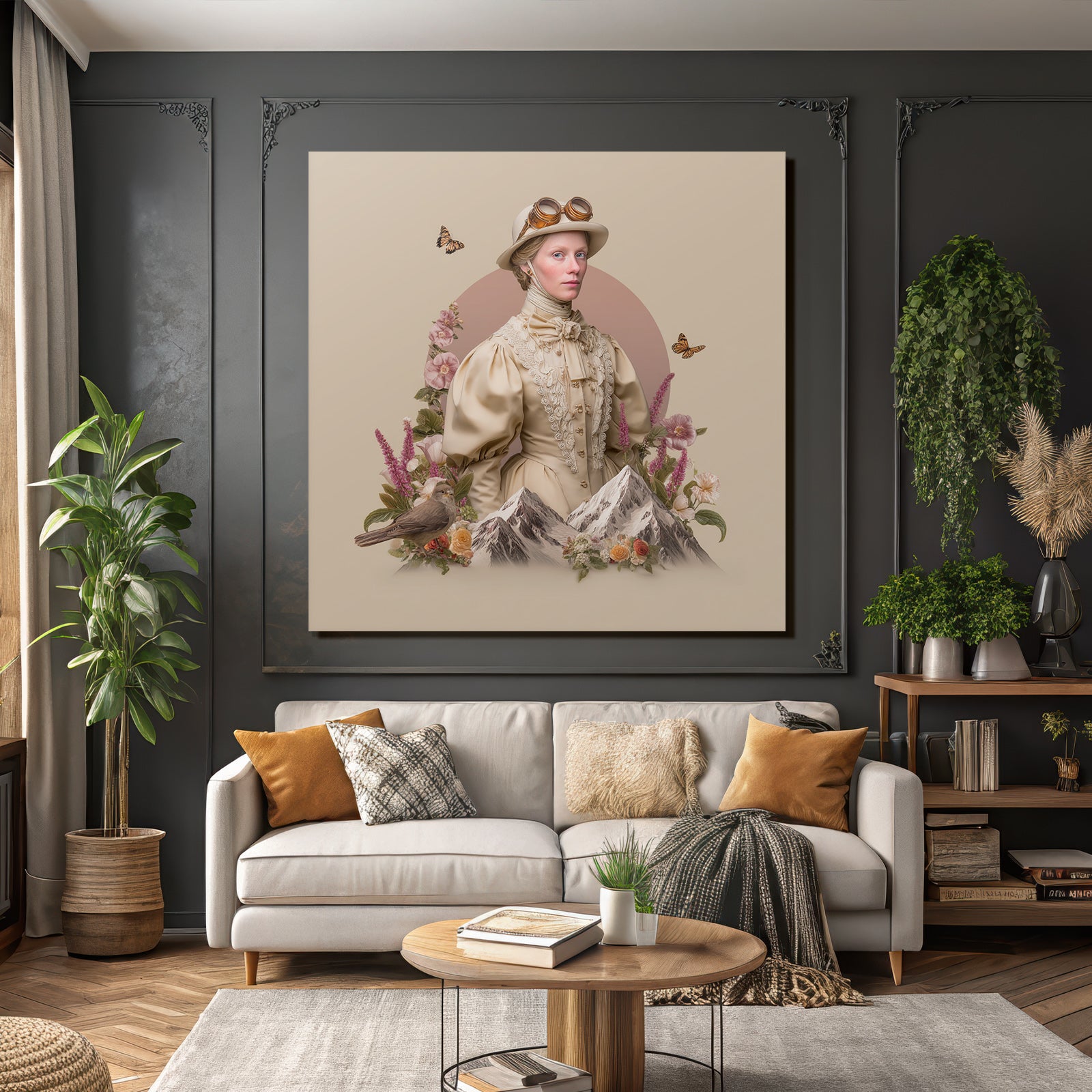 Stylisierte Portraet Vintage Frau Mit Brille Blumen Berge Schmetterlinge