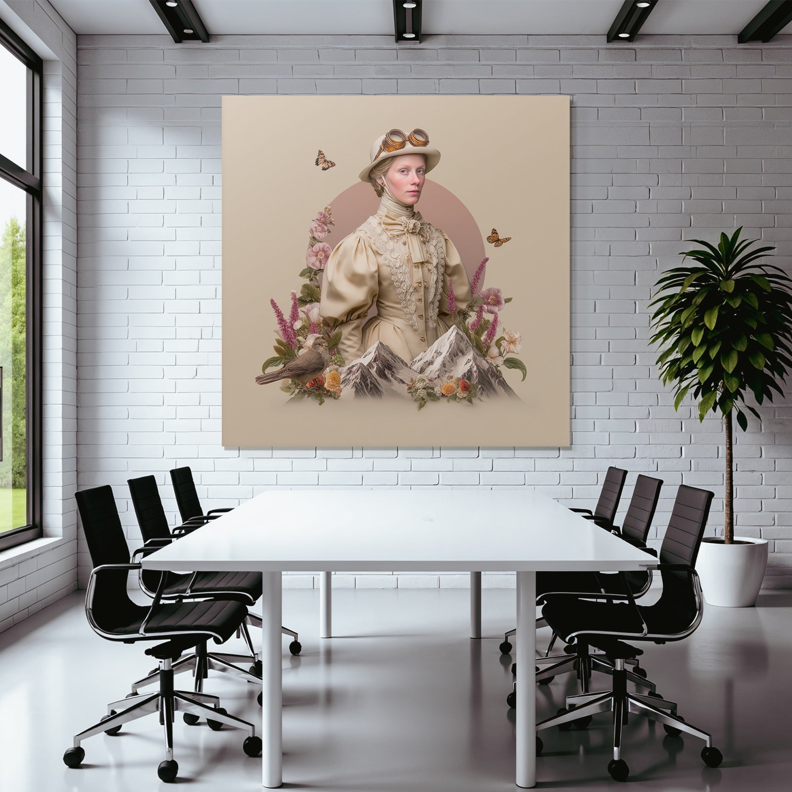 Stylisierte Portraet Vintage Frau Mit Brille Blumen Berge Schmetterlinge