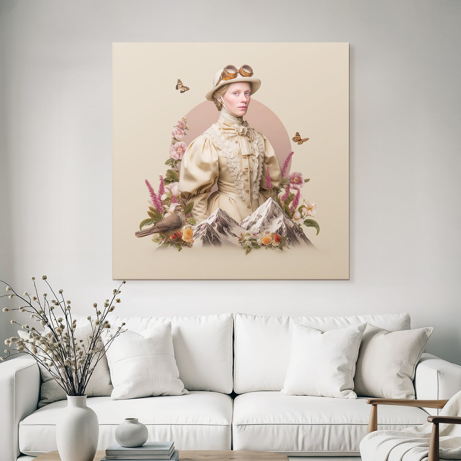 Stylisierte Portraet Vintage Frau Mit Brille Blumen Berge Schmetterlinge