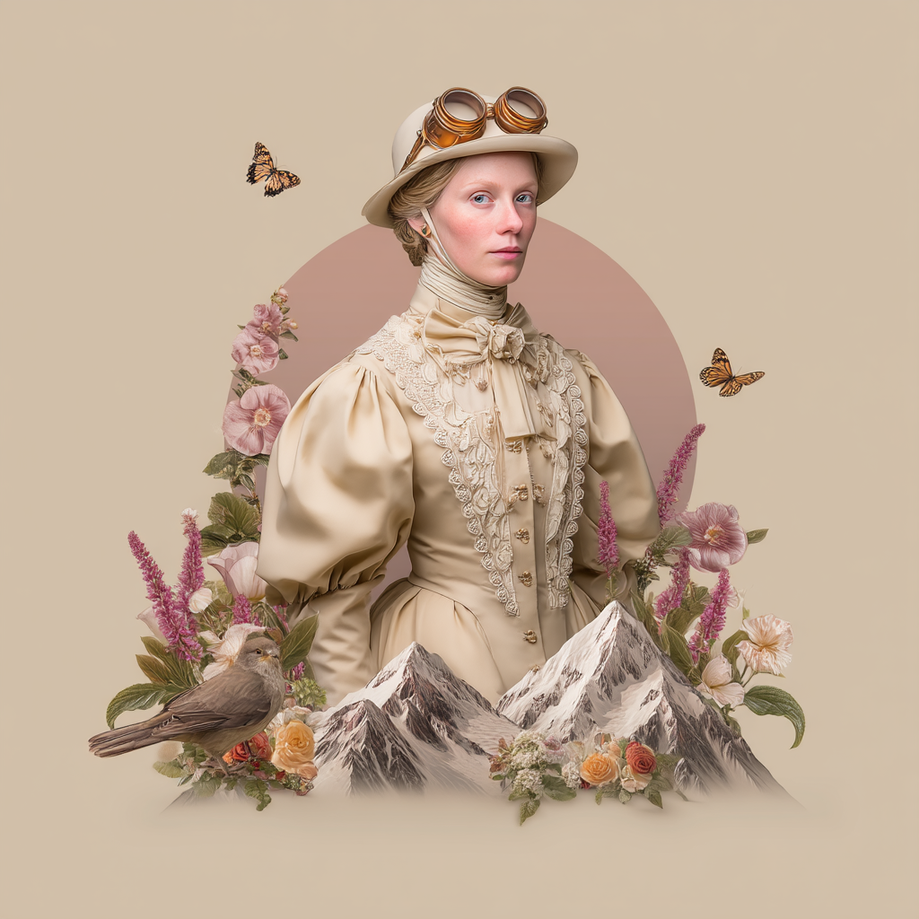 Stylisierte Portraet Vintage Frau Mit Brille Blumen Berge Schmetterlinge | Digital Art | Kunstgattungen