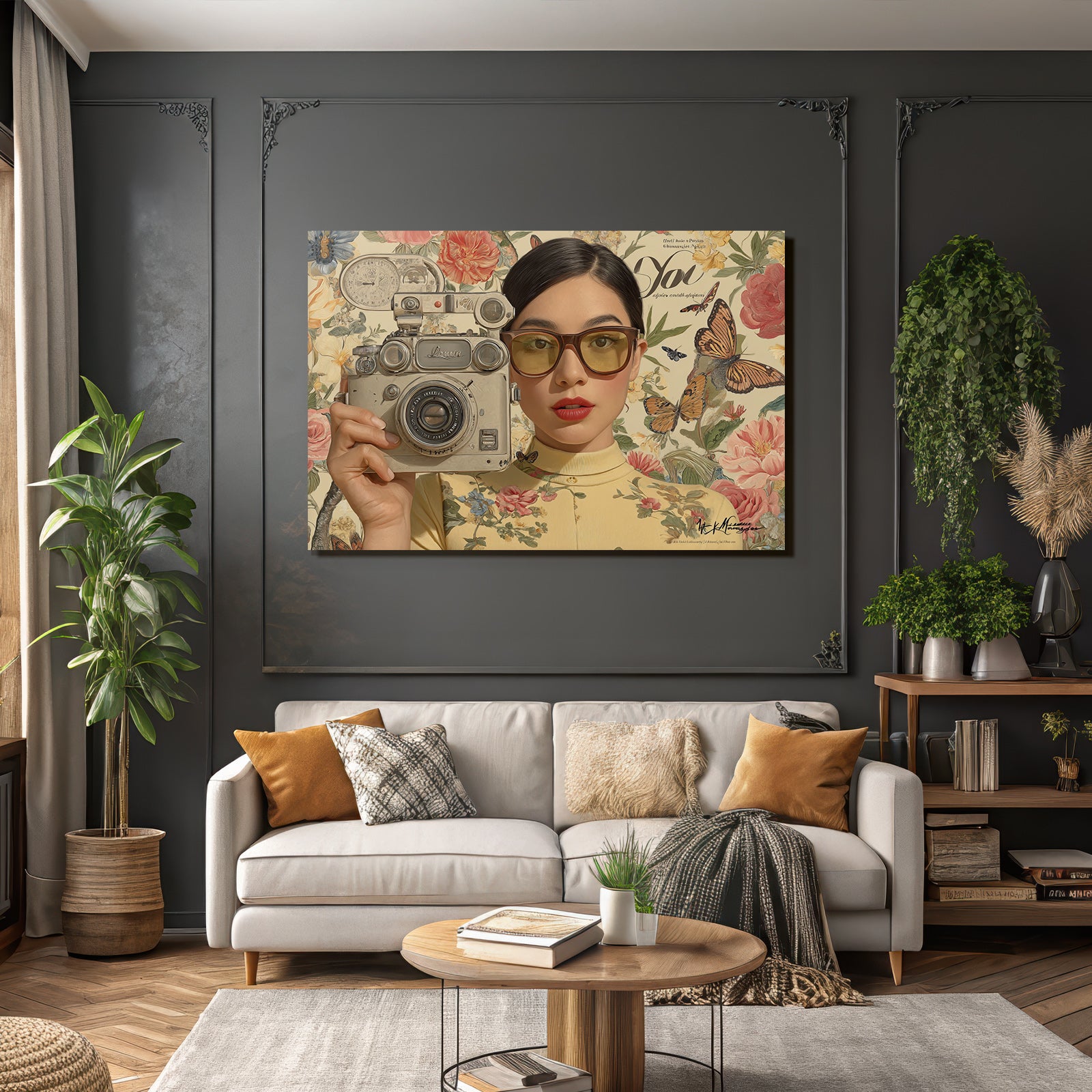 Stylisierte Portraet Einer Person Mit Kamera Blumen Und Freunden