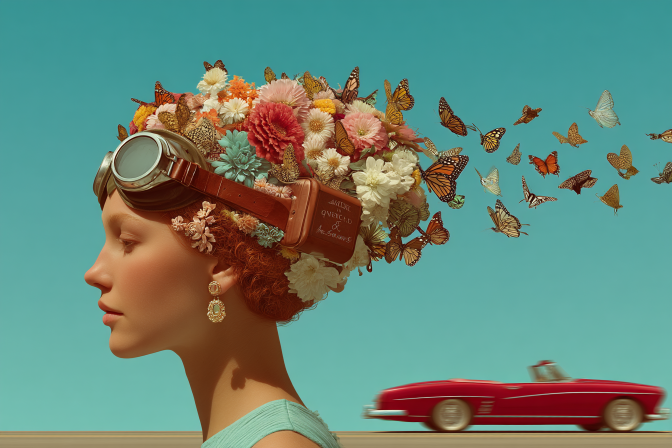 Stylisierte Profil Person Flora Fauna Rote Converted Auto Surrealismus Fantasie | Digital Art | Kunstgattungen
