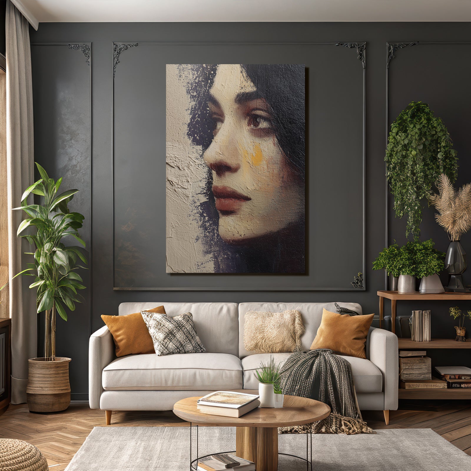 Seitliches Portraet Einer Frau Mit Textur Und Warmen Toenen