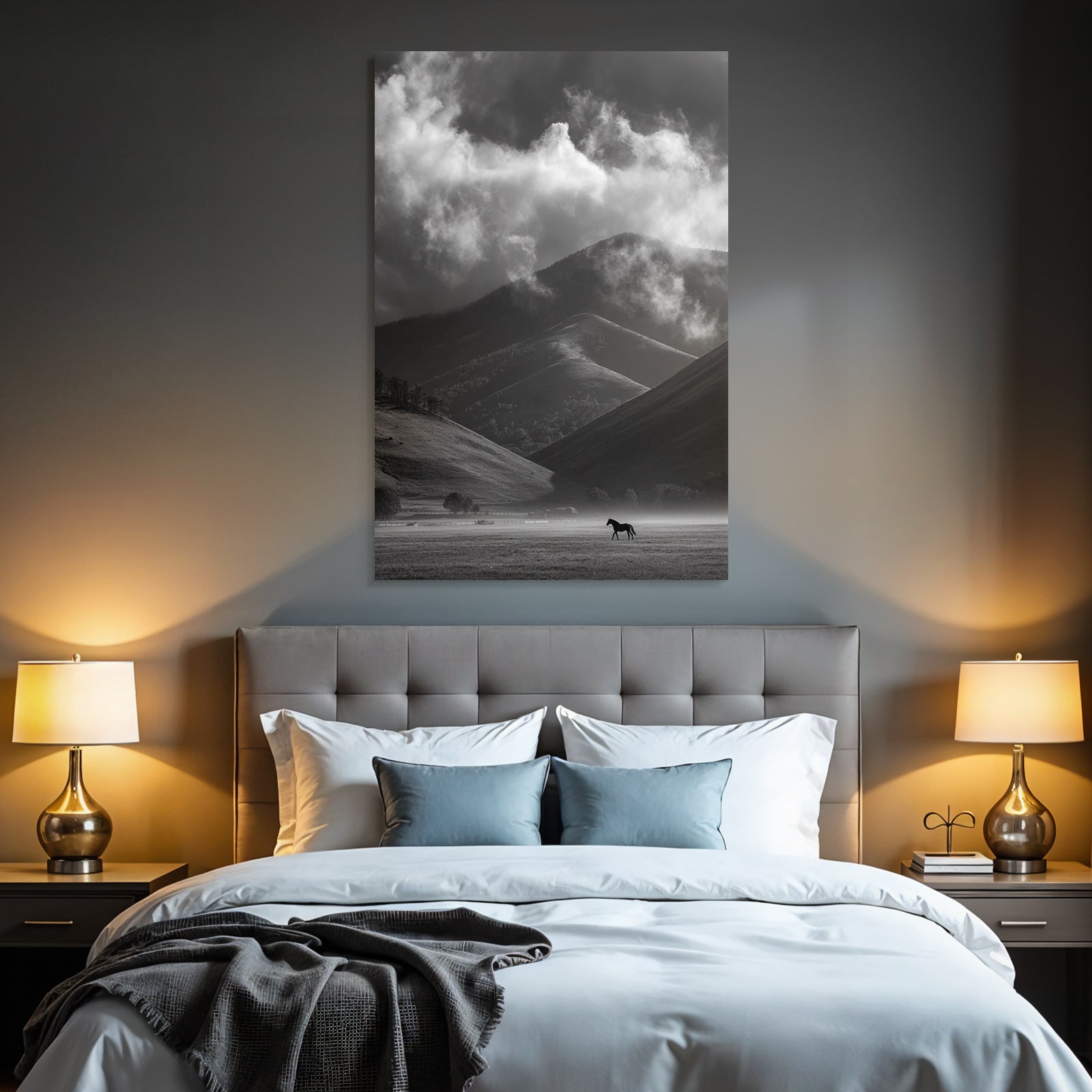 Schwarz Weiss Landschaft Mit Pferd