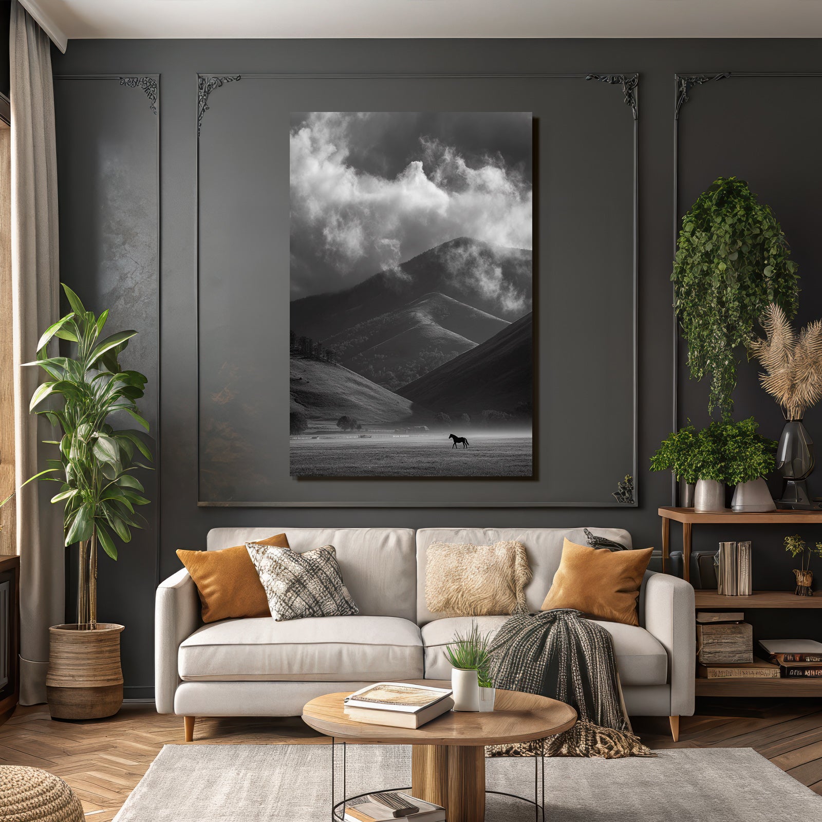 Schwarz Weiss Landschaft Mit Pferd