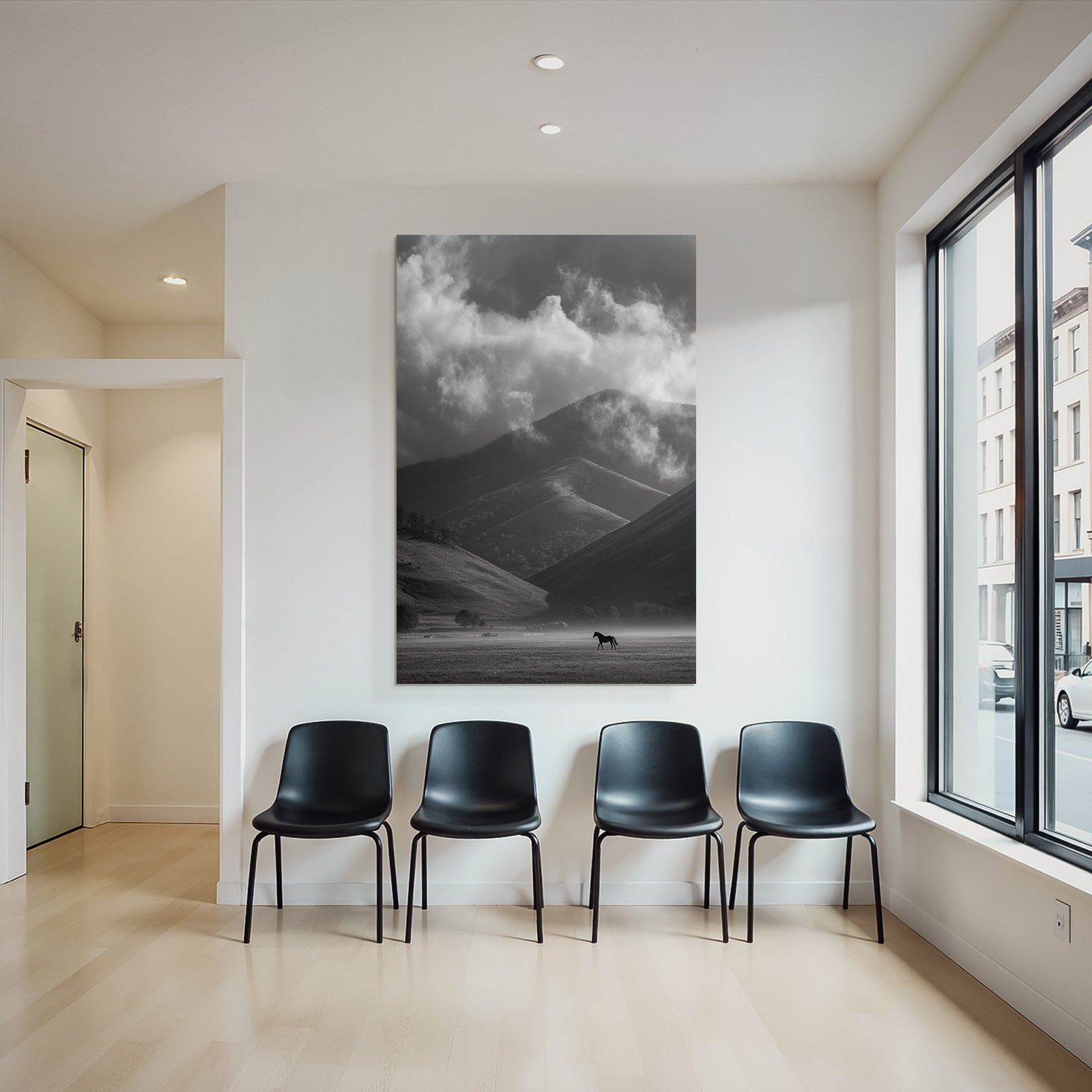 Schwarz Weiss Landschaft Mit Pferd