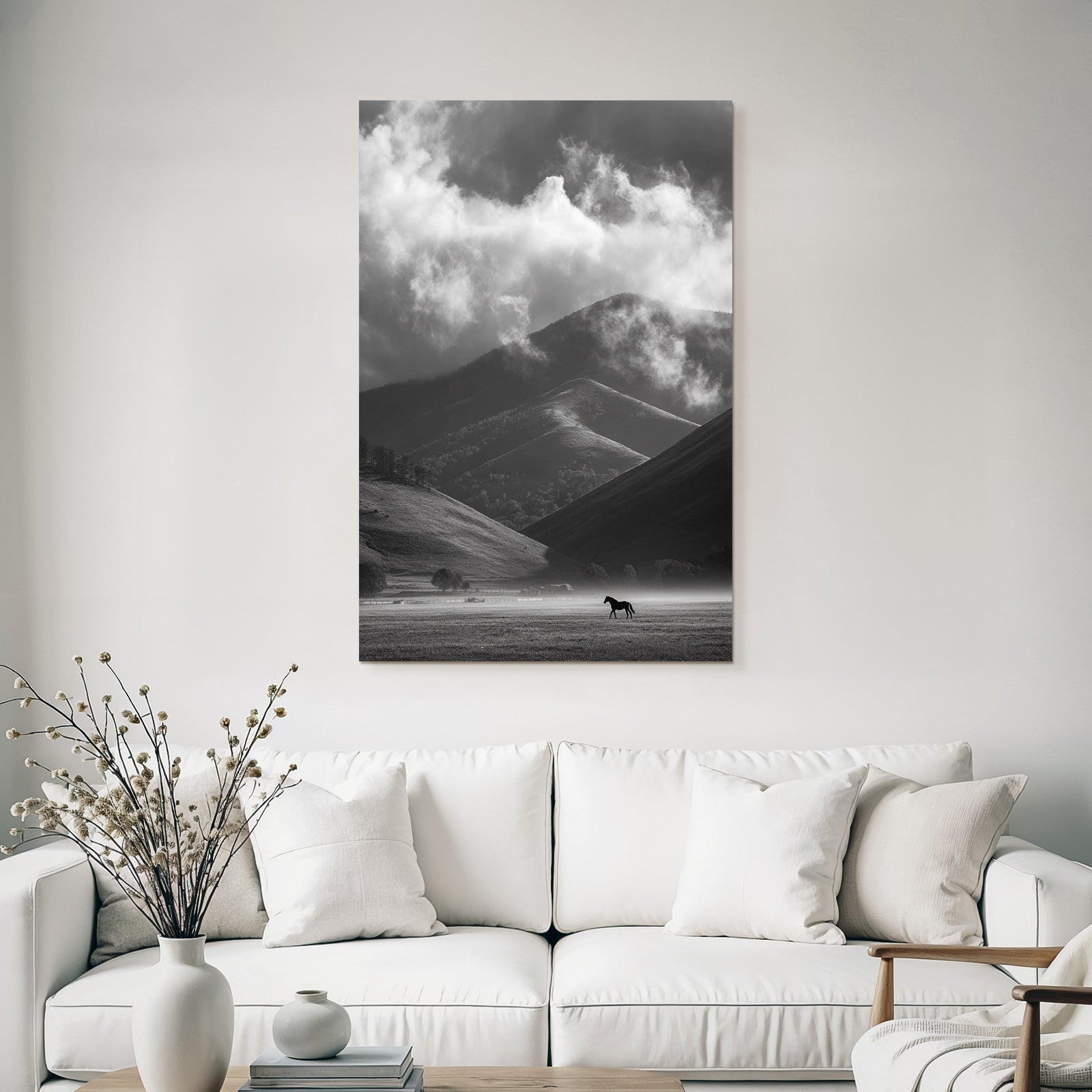 Schwarz Weiss Landschaft Mit Pferd