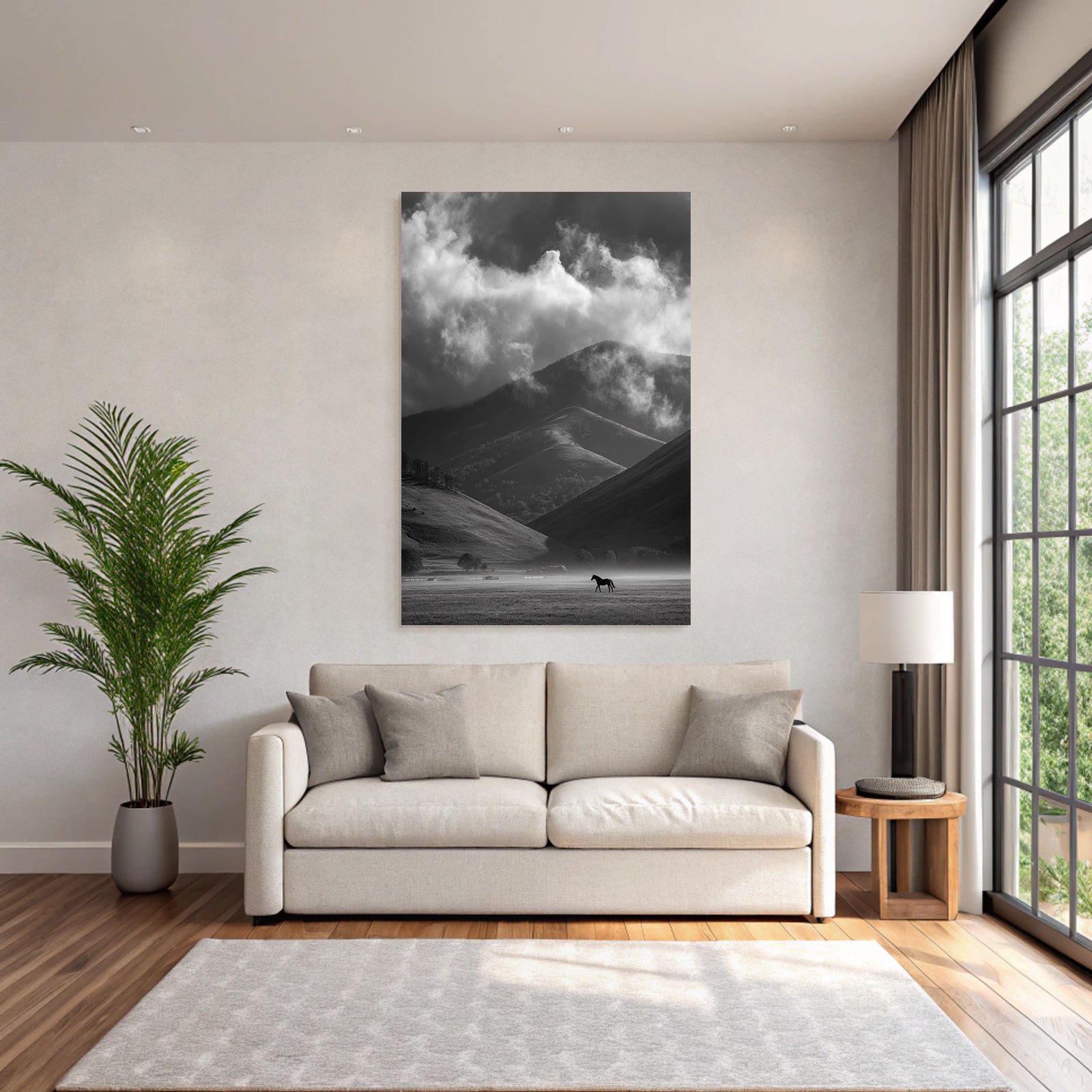 Schwarz Weiss Landschaft Mit Pferd