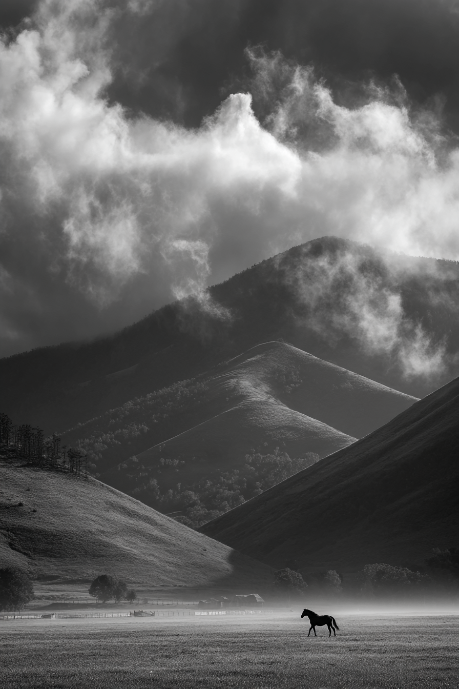 Schwarz Weiss Landschaft Mit Pferd | Fotografie | Kunstgattungen
