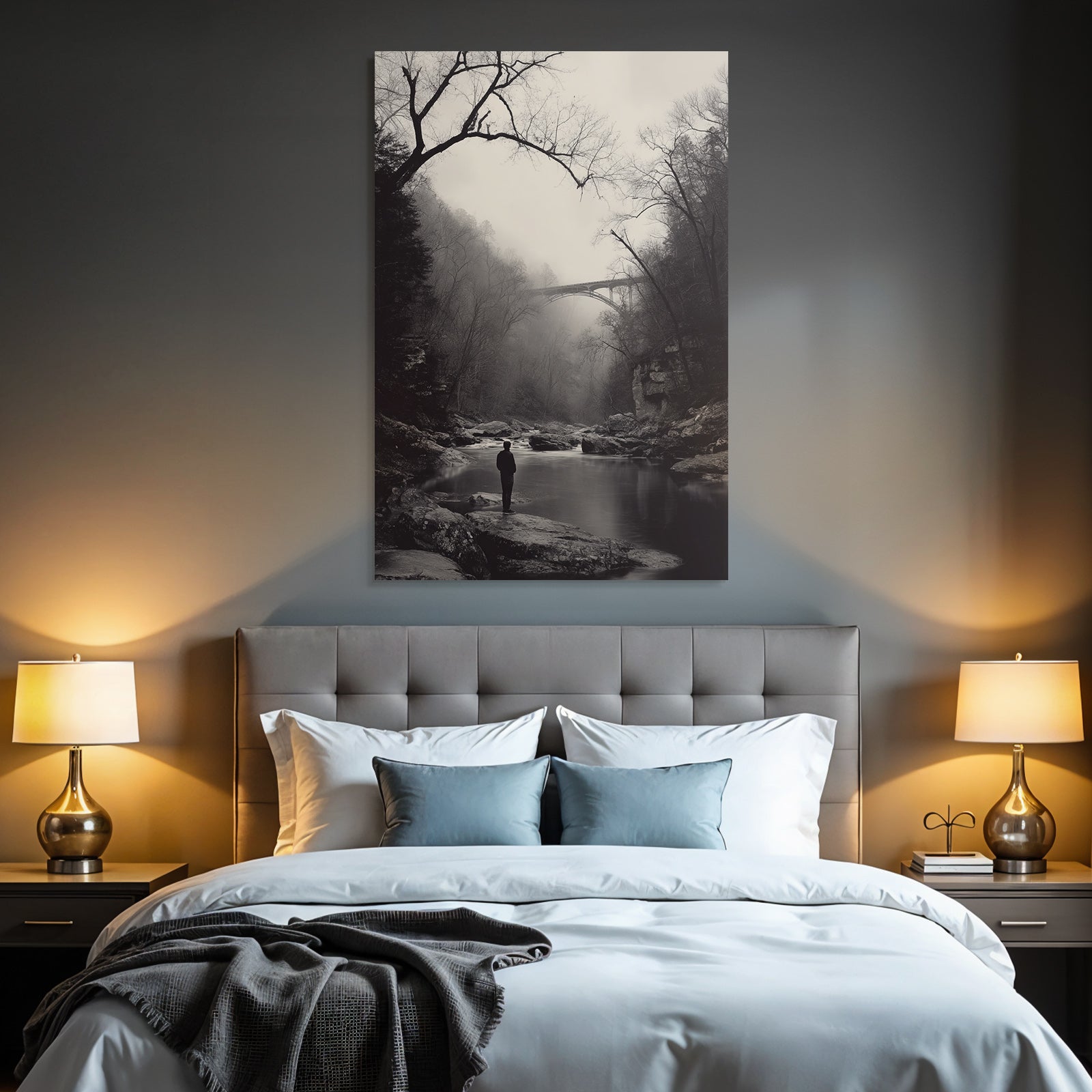 Schwarze Weisse Landschaft Mit Figur Am Fluss Mit Bruecke Im Hintergrund