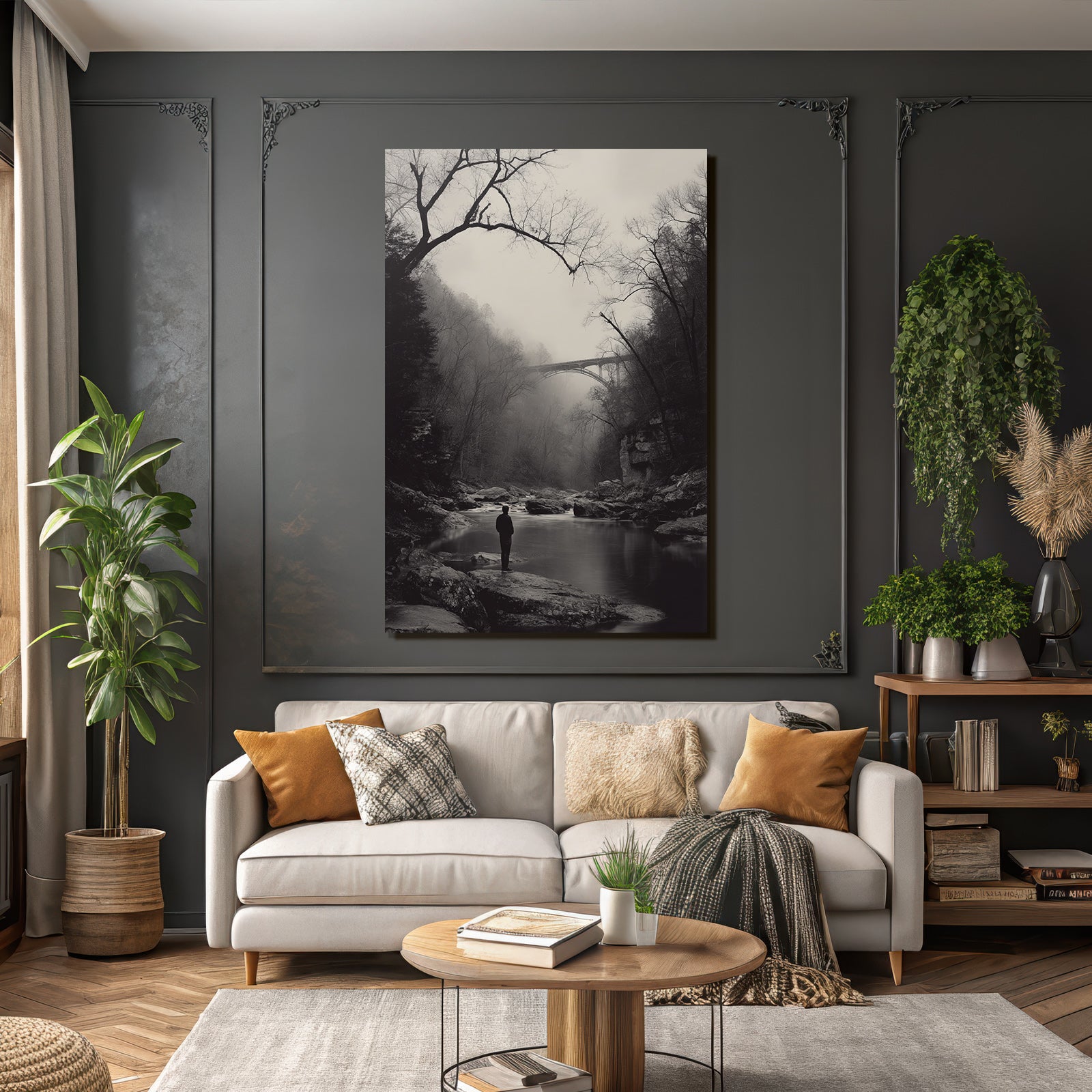 Schwarze Weisse Landschaft Mit Figur Am Fluss Mit Bruecke Im Hintergrund