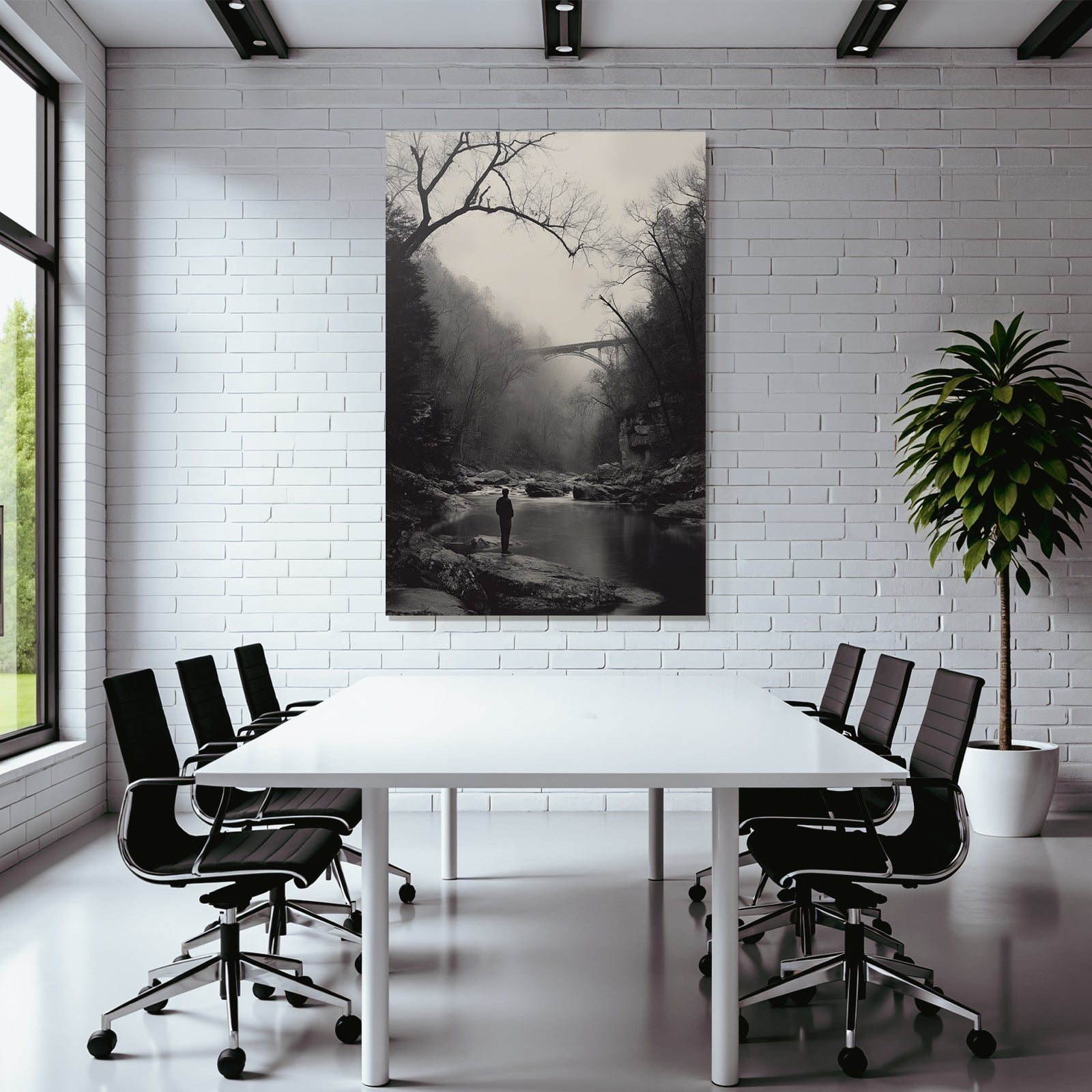 Schwarze Weisse Landschaft Mit Figur Am Fluss Mit Bruecke Im Hintergrund