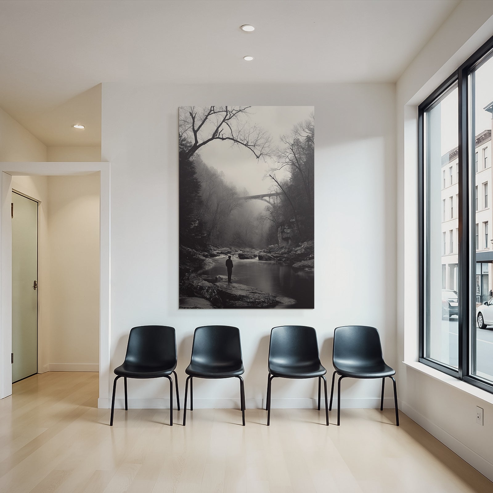 Schwarze Weisse Landschaft Mit Figur Am Fluss Mit Bruecke Im Hintergrund