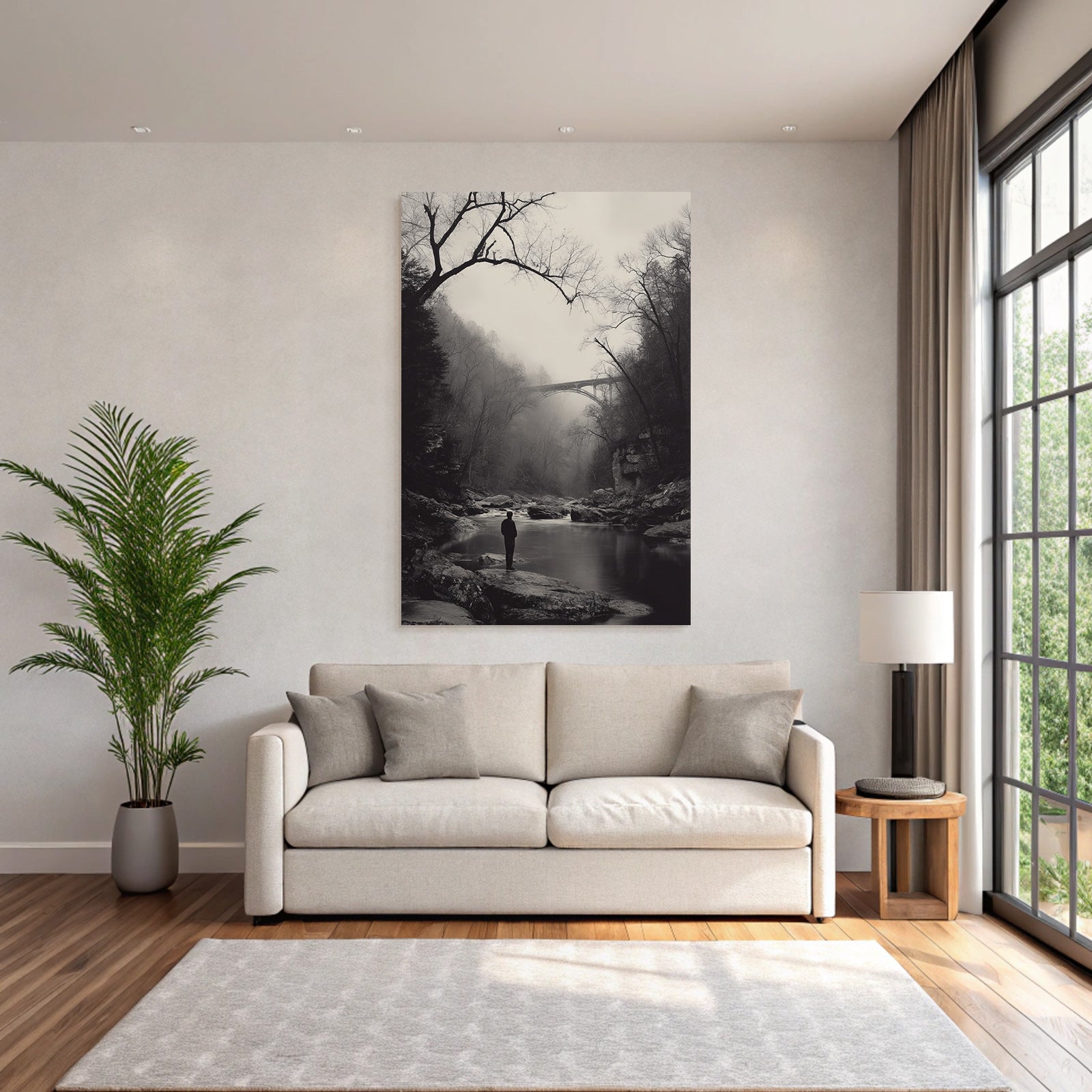 Schwarze Weisse Landschaft Mit Figur Am Fluss Mit Bruecke Im Hintergrund