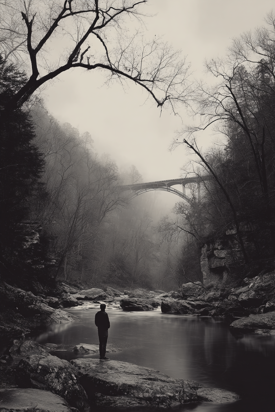 Schwarze Weisse Landschaft Mit Figur Am Fluss Mit Bruecke Im Hintergrund | Fotografie | Kunstgattungen