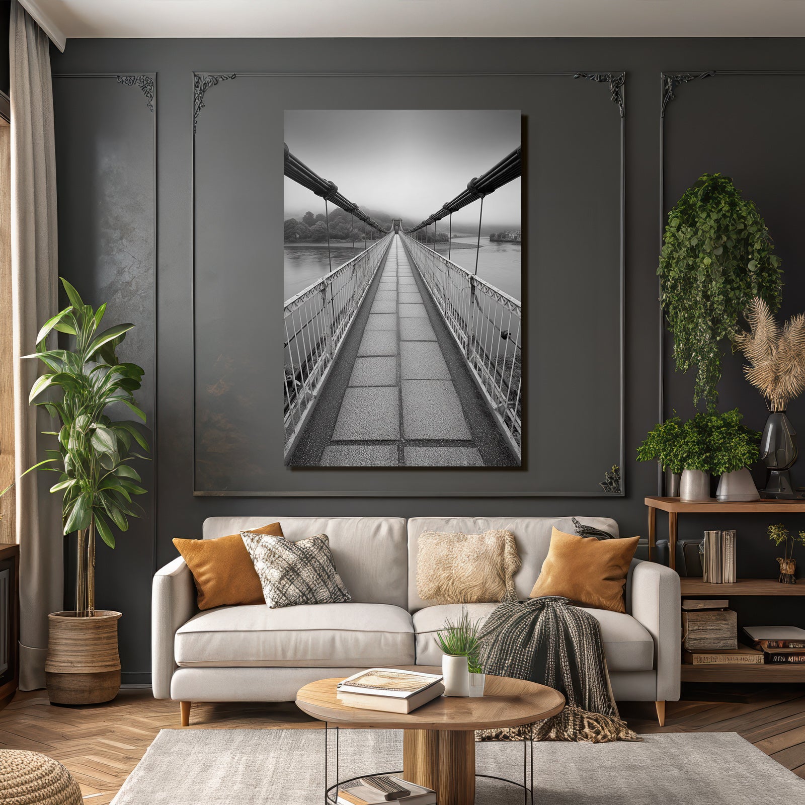 Schwebende Bruecke Im Nebel Schwar Zweiss