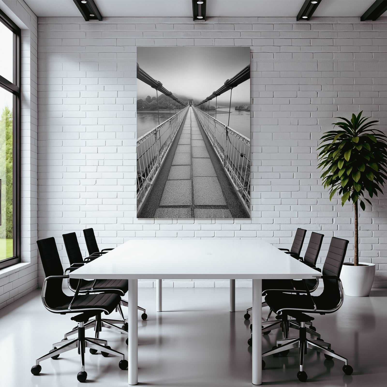 Schwebende Bruecke Im Nebel Schwar Zweiss