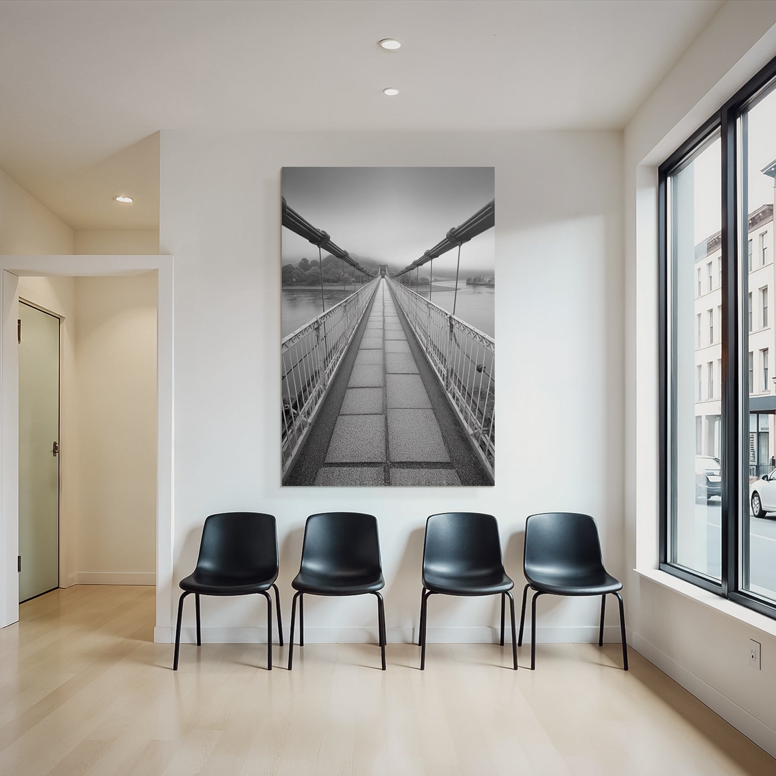 Schwebende Bruecke Im Nebel Schwar Zweiss