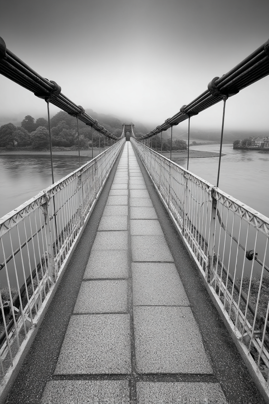 Schwebende Bruecke Im Nebel Schwar Zweiss | Fotografie | Kunstgattungen