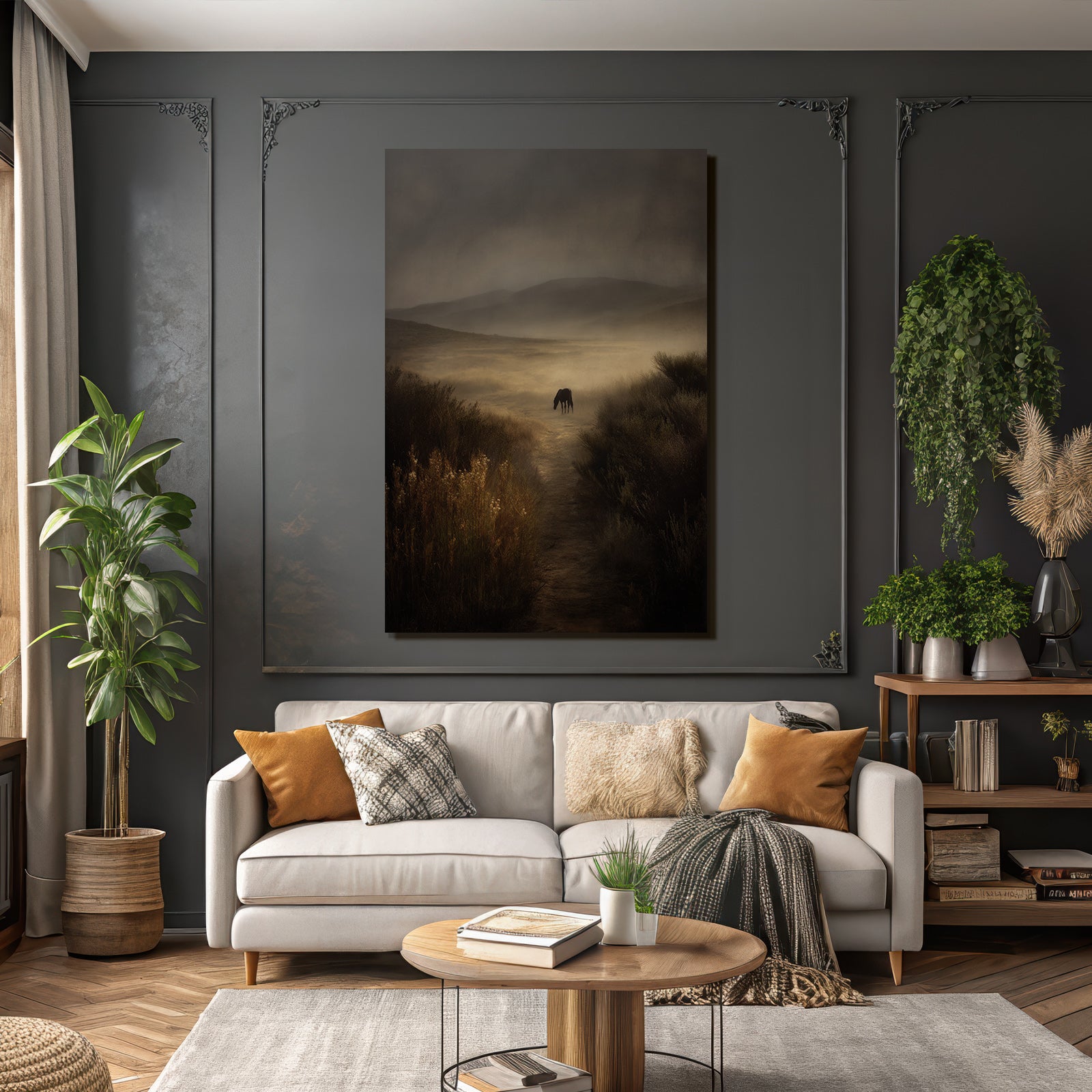 Serene Landschaft Einzelner Pferd Neblig Mystisch