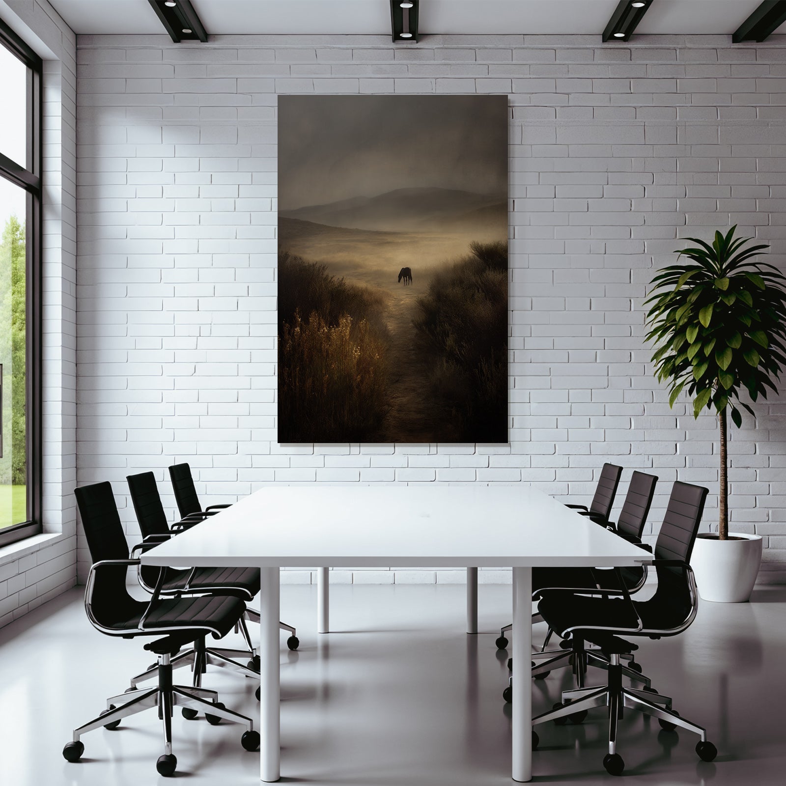 Serene Landschaft Einzelner Pferd Neblig Mystisch