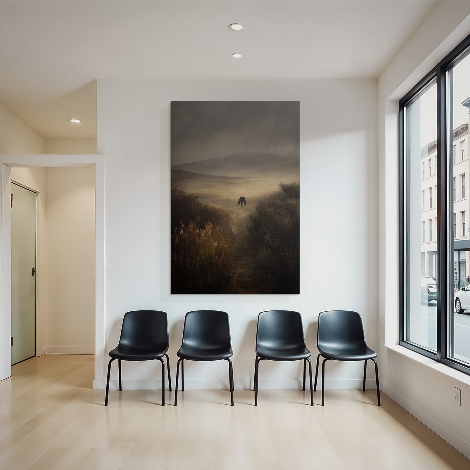 Serene Landschaft Einzelner Pferd Neblig Mystisch