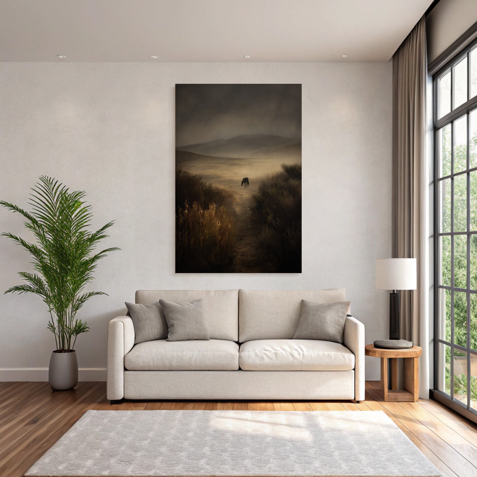 Serene Landschaft Einzelner Pferd Neblig Mystisch