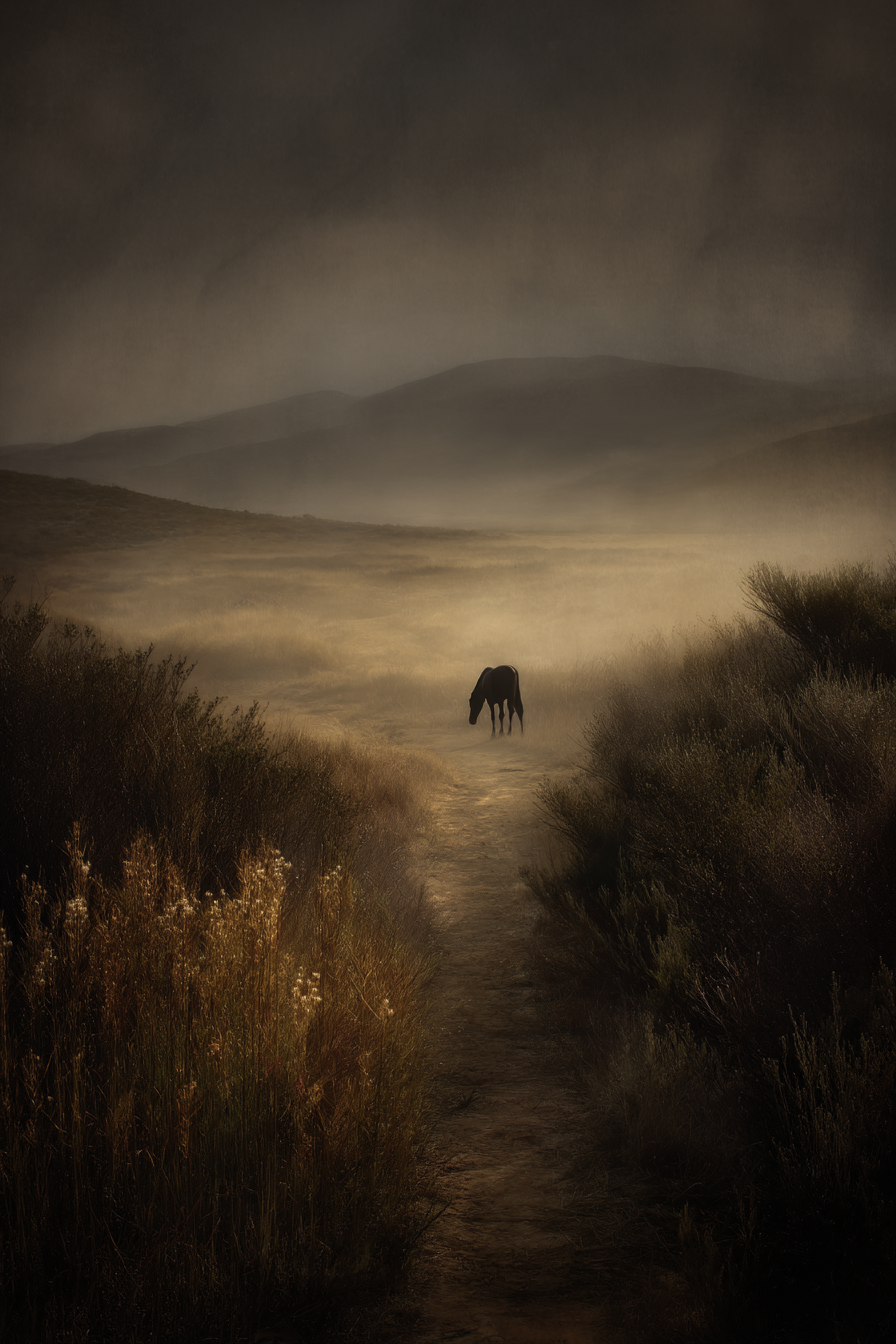 Serene Landschaft Einzelner Pferd Neblig Mystisch | Fotografie | Kunstgattungen