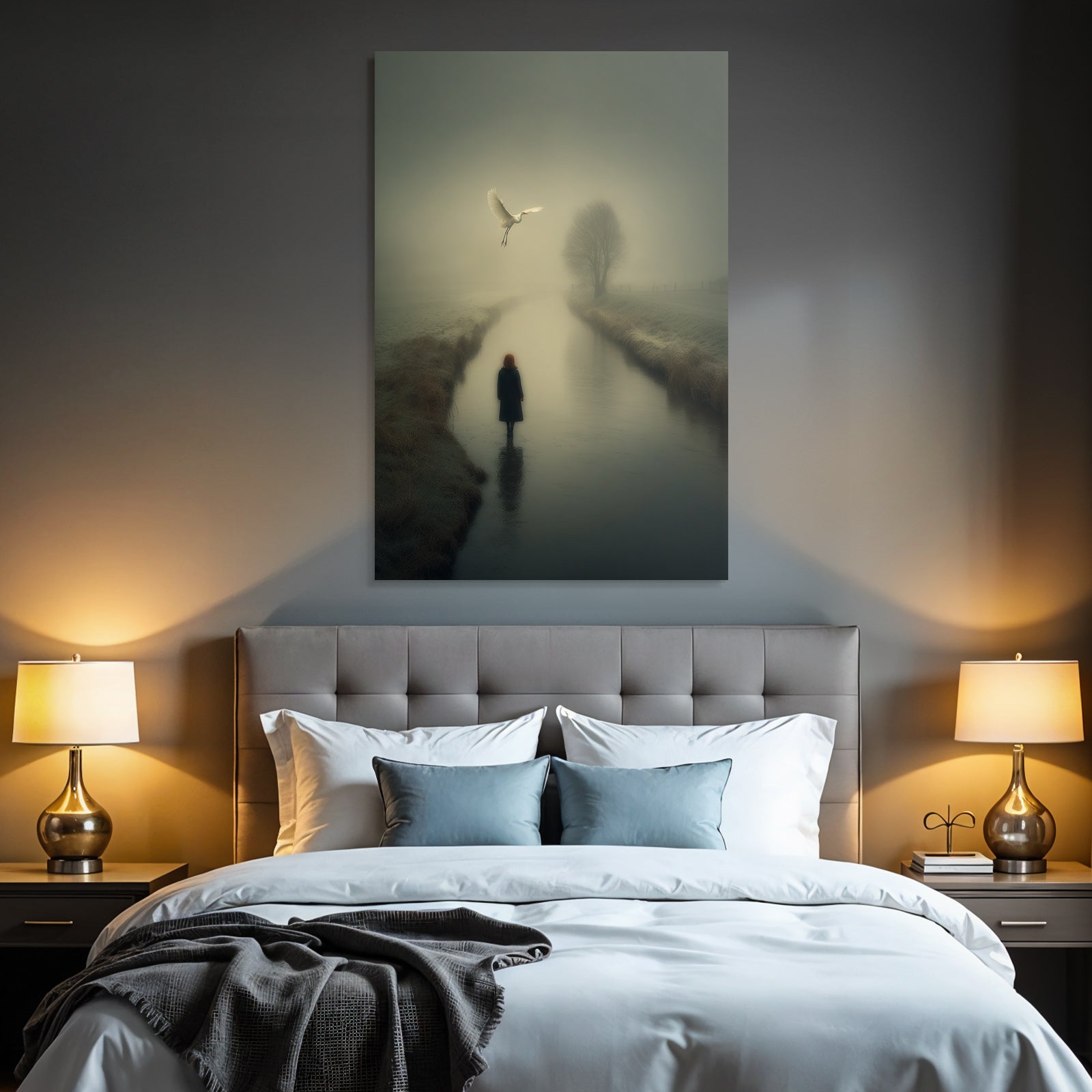 Serene Neblige Landschaft Figuren Im Wasser Vogel Im Flug Tranquil Setting