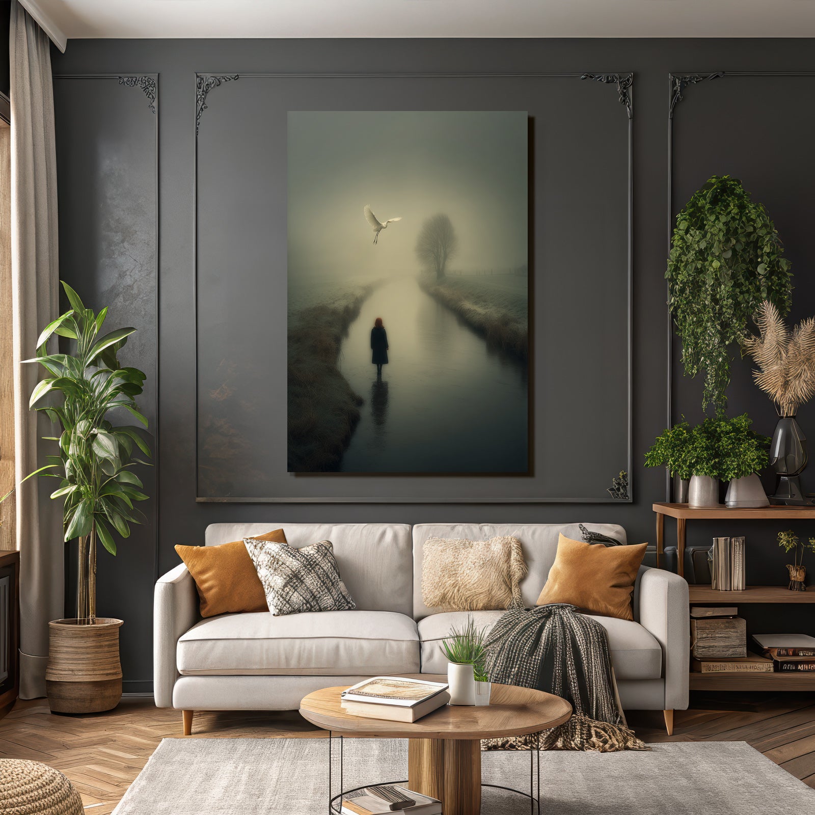 Serene Neblige Landschaft Figuren Im Wasser Vogel Im Flug Tranquil Setting