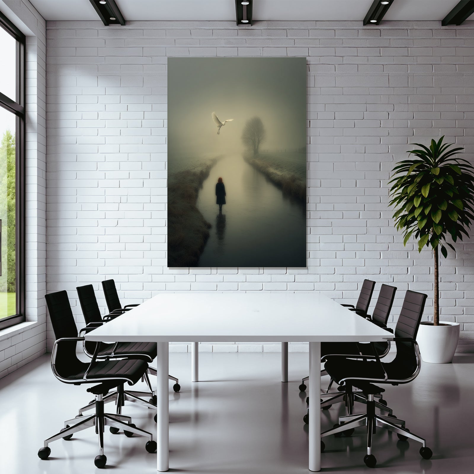 Serene Neblige Landschaft Figuren Im Wasser Vogel Im Flug Tranquil Setting