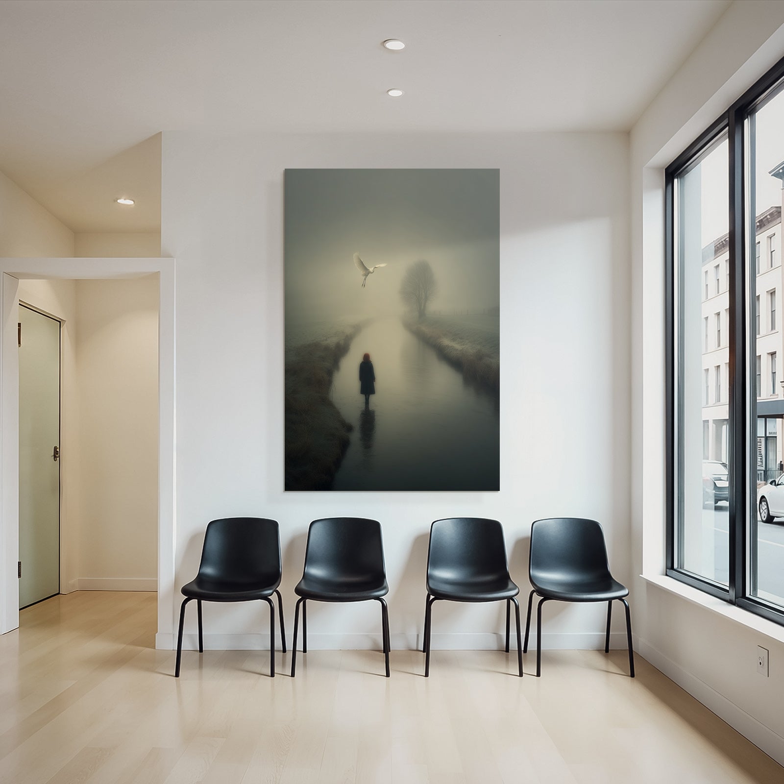 Serene Neblige Landschaft Figuren Im Wasser Vogel Im Flug Tranquil Setting