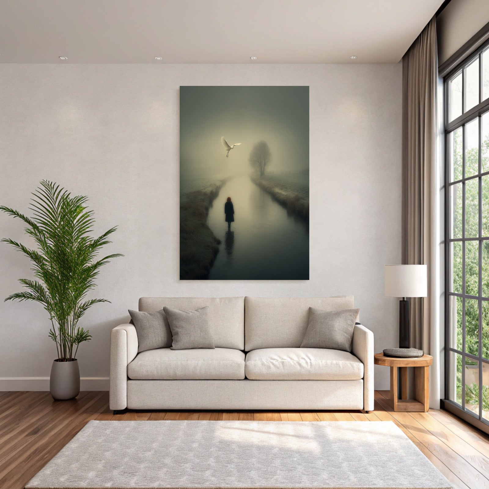 Serene Neblige Landschaft Figuren Im Wasser Vogel Im Flug Tranquil Setting