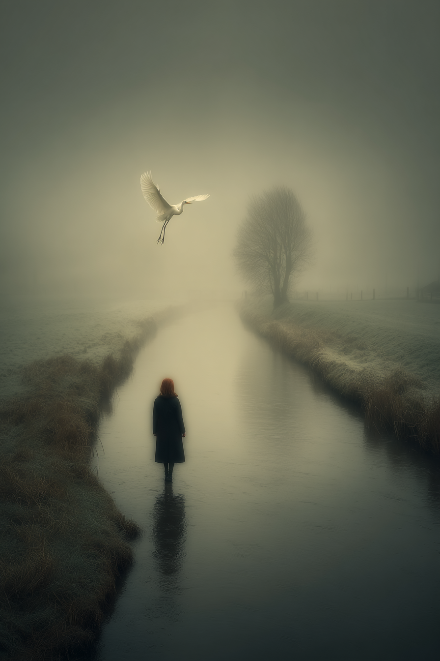 Serene Neblige Landschaft Figuren Im Wasser Vogel Im Flug Tranquil Setting | Fotografie | Kunstgattungen