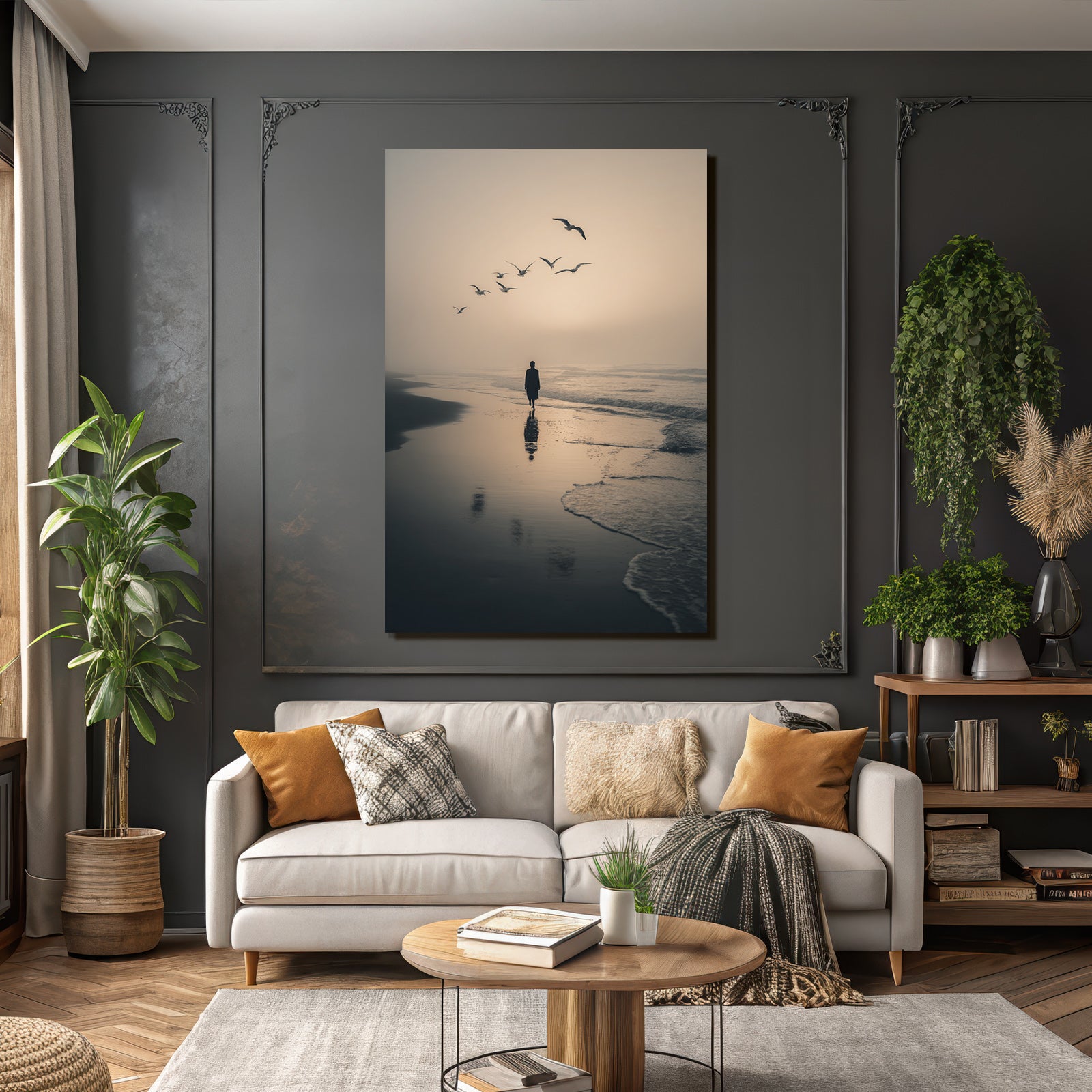 Silhouette Am Strand Mit Moewen Im Abendlicht