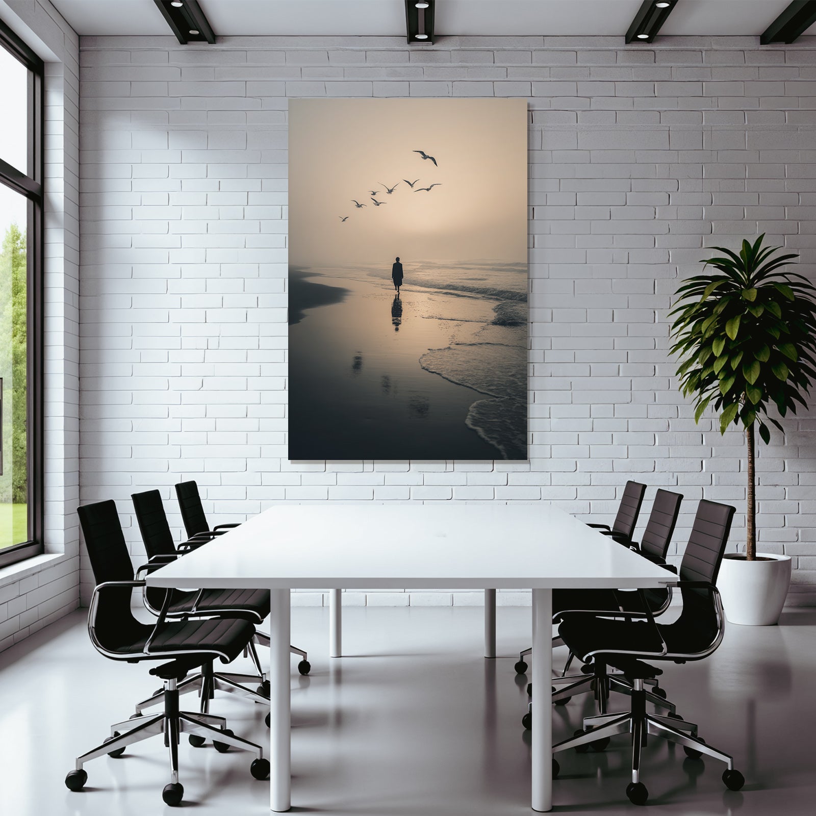 Silhouette Am Strand Mit Moewen Im Abendlicht