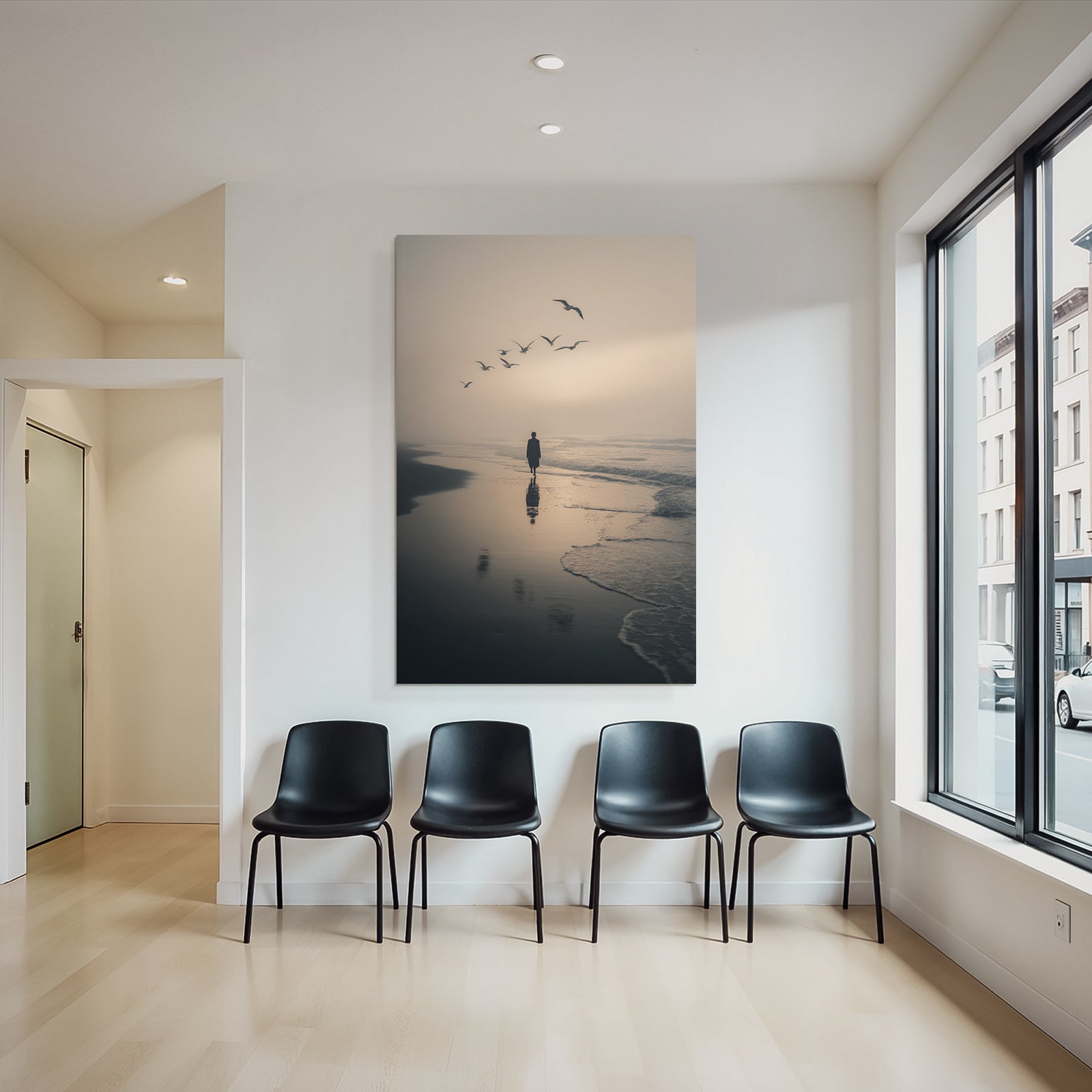 Silhouette Am Strand Mit Moewen Im Abendlicht