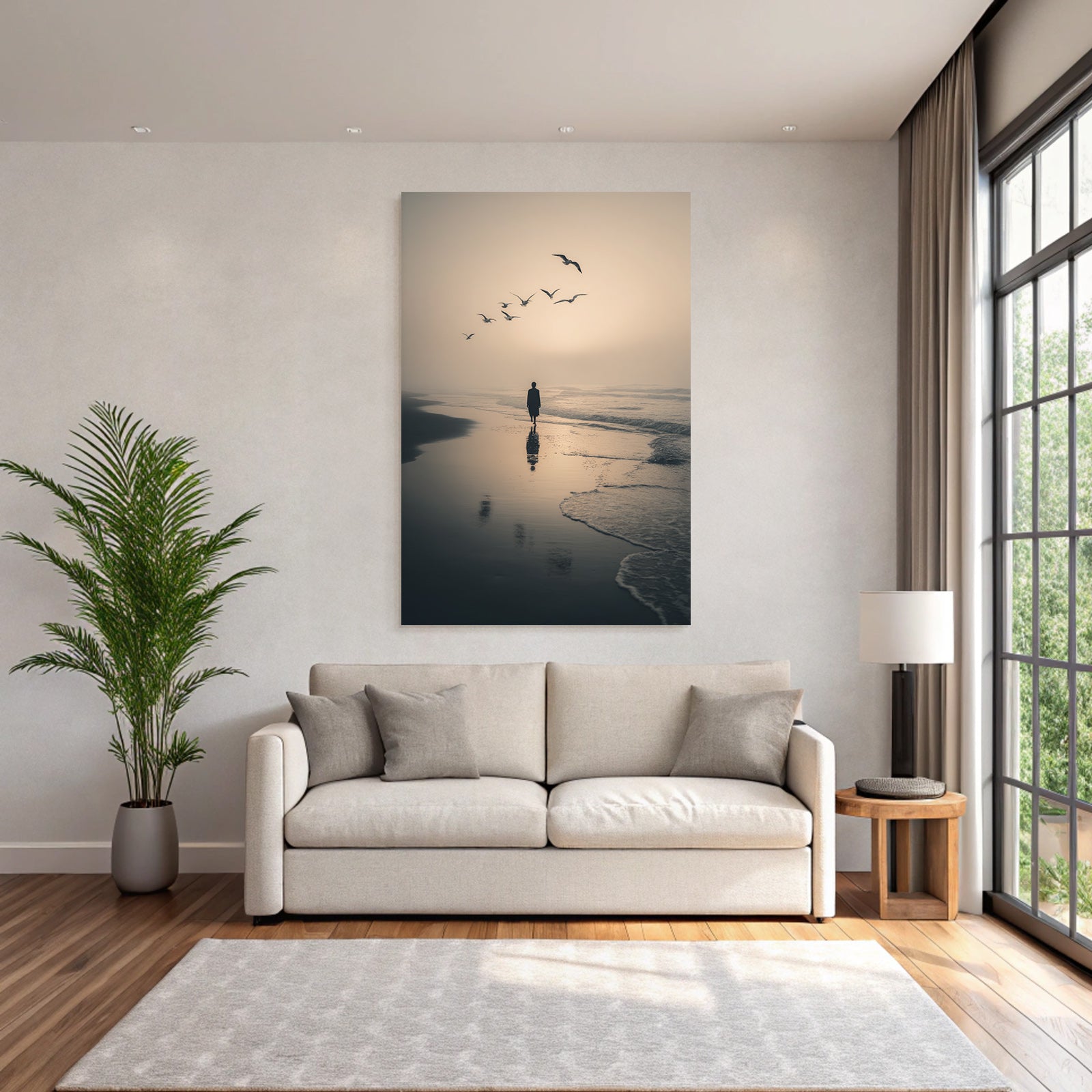 Silhouette Am Strand Mit Moewen Im Abendlicht