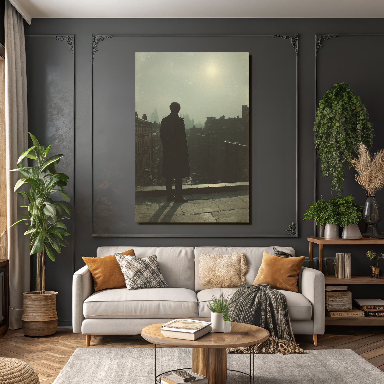 Silhouette Auf Hausdach Mit Stadtpanorama Im Dunst