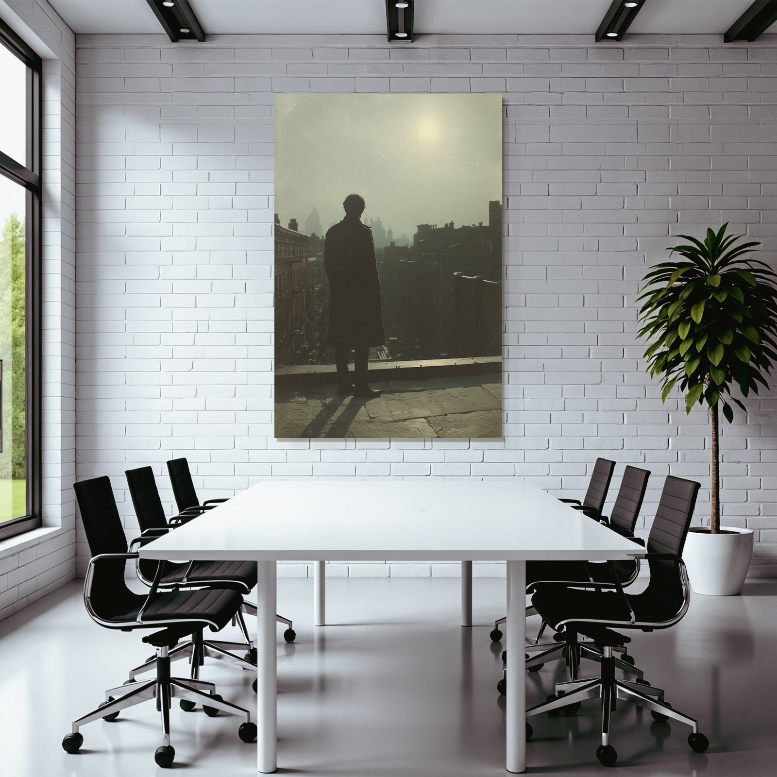 Silhouette Auf Hausdach Mit Stadtpanorama Im Dunst